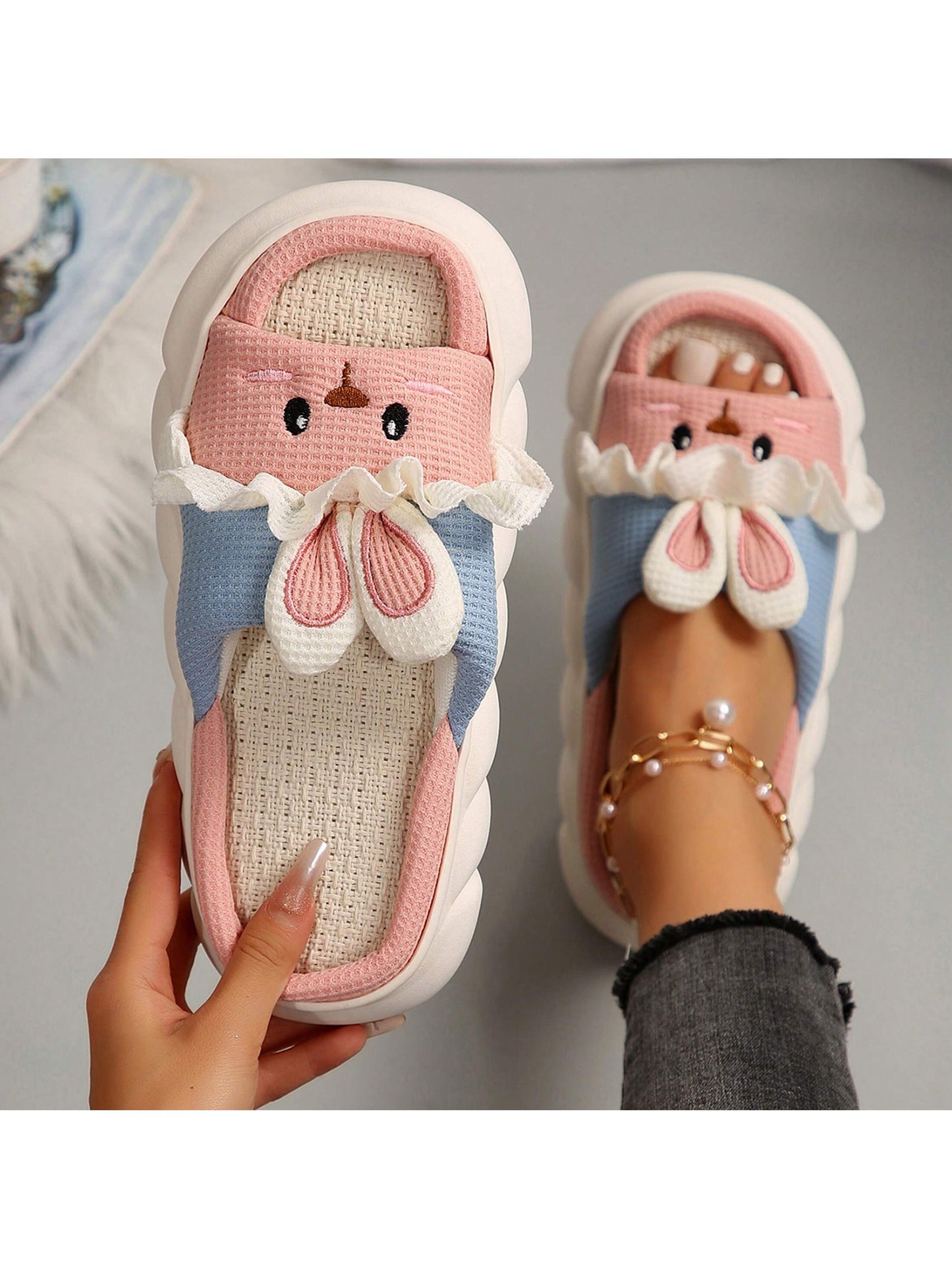 Animal Slippers In The Shape Of A Rabbit Cute Cartoon Slippers For Ladies Household Slippers Linen Indoor And Outdoor Slippers