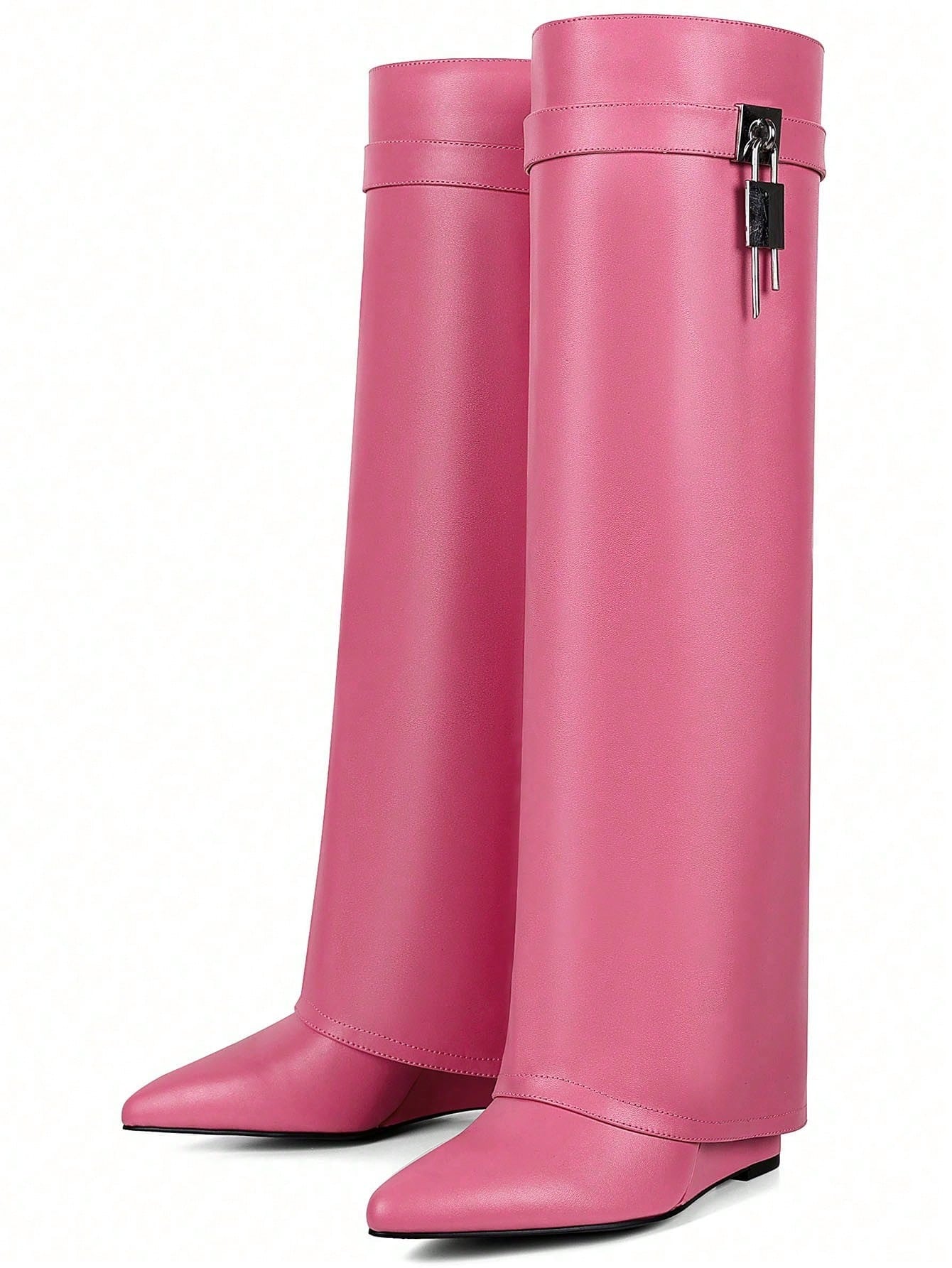 Sexy Fashion Women Fold Over Boots Pointed Toe Chunky Heels Metal Knee High Boots Nightclub Elegant Luxury Shoes