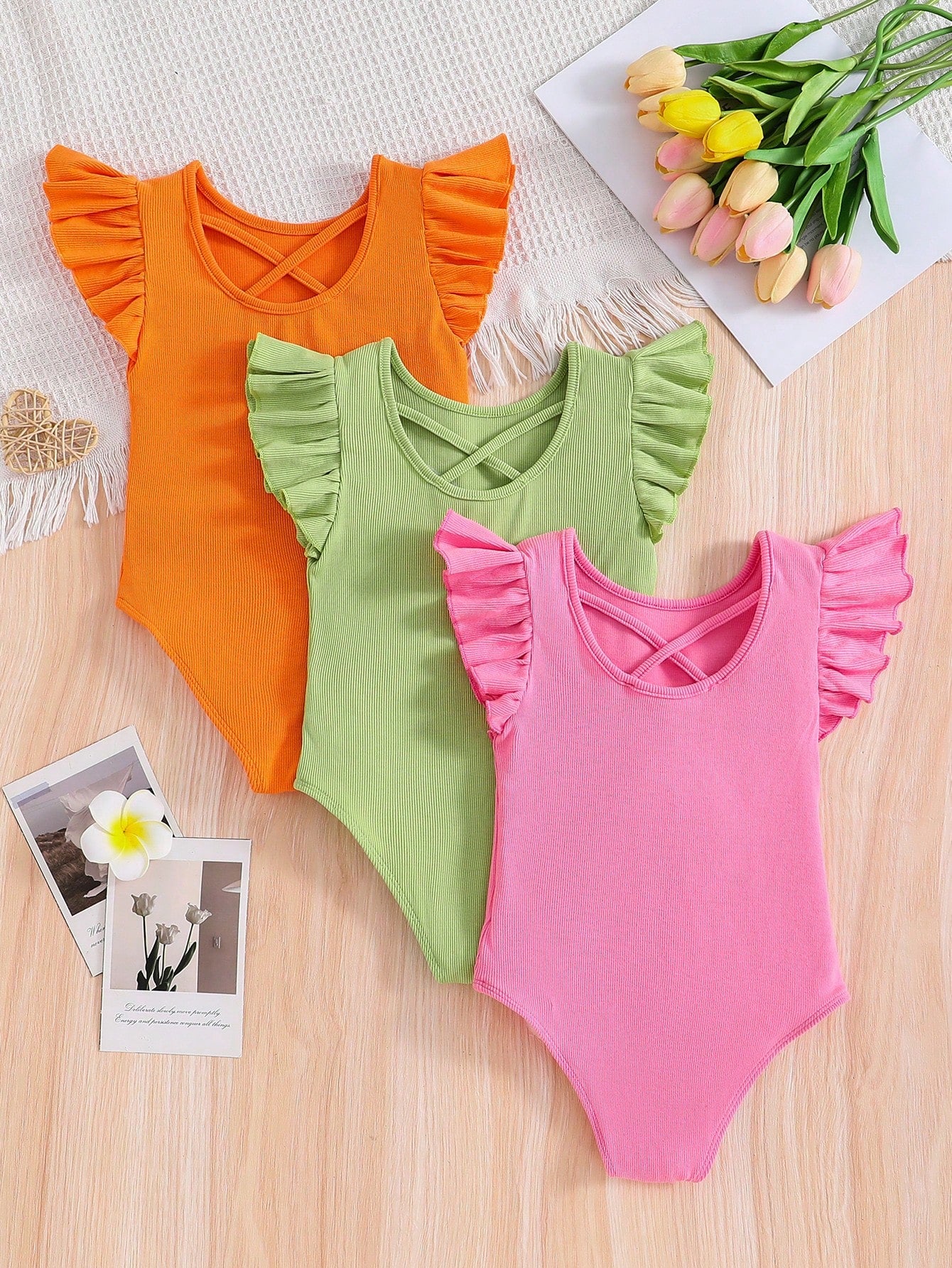 Young Girl 3pcs/Set Fashionable Crisscross Knitted Solid Ruffle Armhole Bodysuit