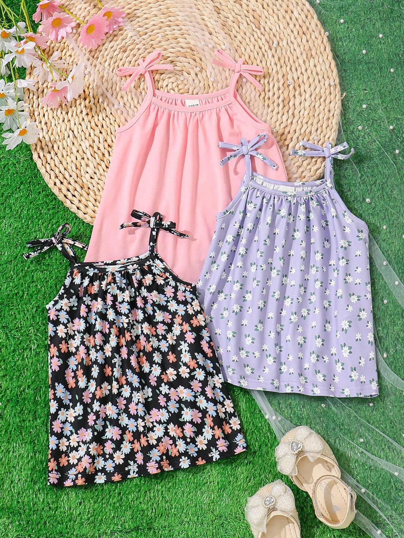 3pcs/Set Young Girls' Knitted Solid Color Cami Top And Knitted Floral Print Cami Top Set