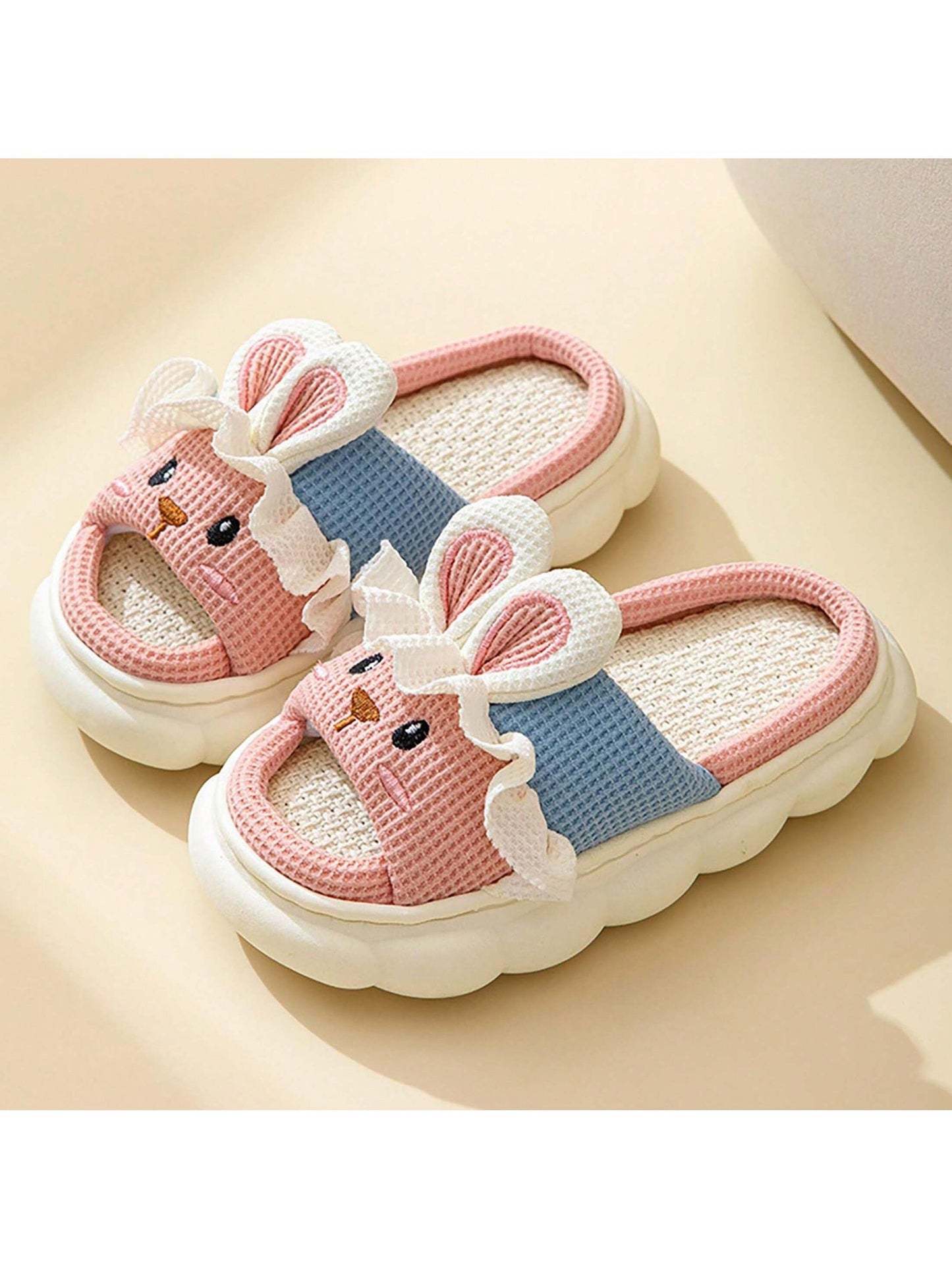 Women's Household Slippers Linen Indoor And Outdoor Slippers Rabbit Shaped Animal Slippers Cute Cartoon Slippers