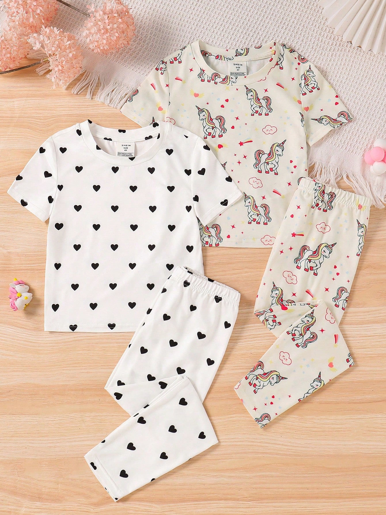 Young Girls' Knitted Unicorn Pattern Top & Bottom And Love Pattern Top & Knitted Pants Snug Fit Homewear Set, 2pcs/Set