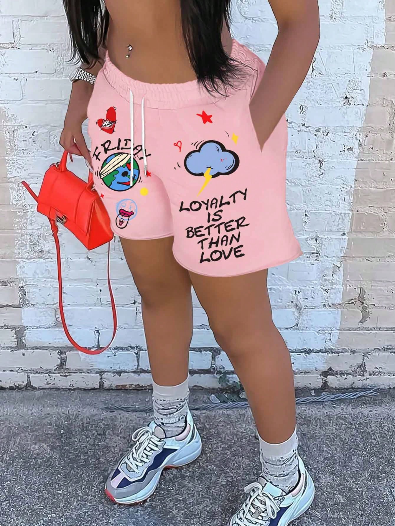 Women's Cloud Printed Slogan Drawstring Waist Pocket Casual Shorts