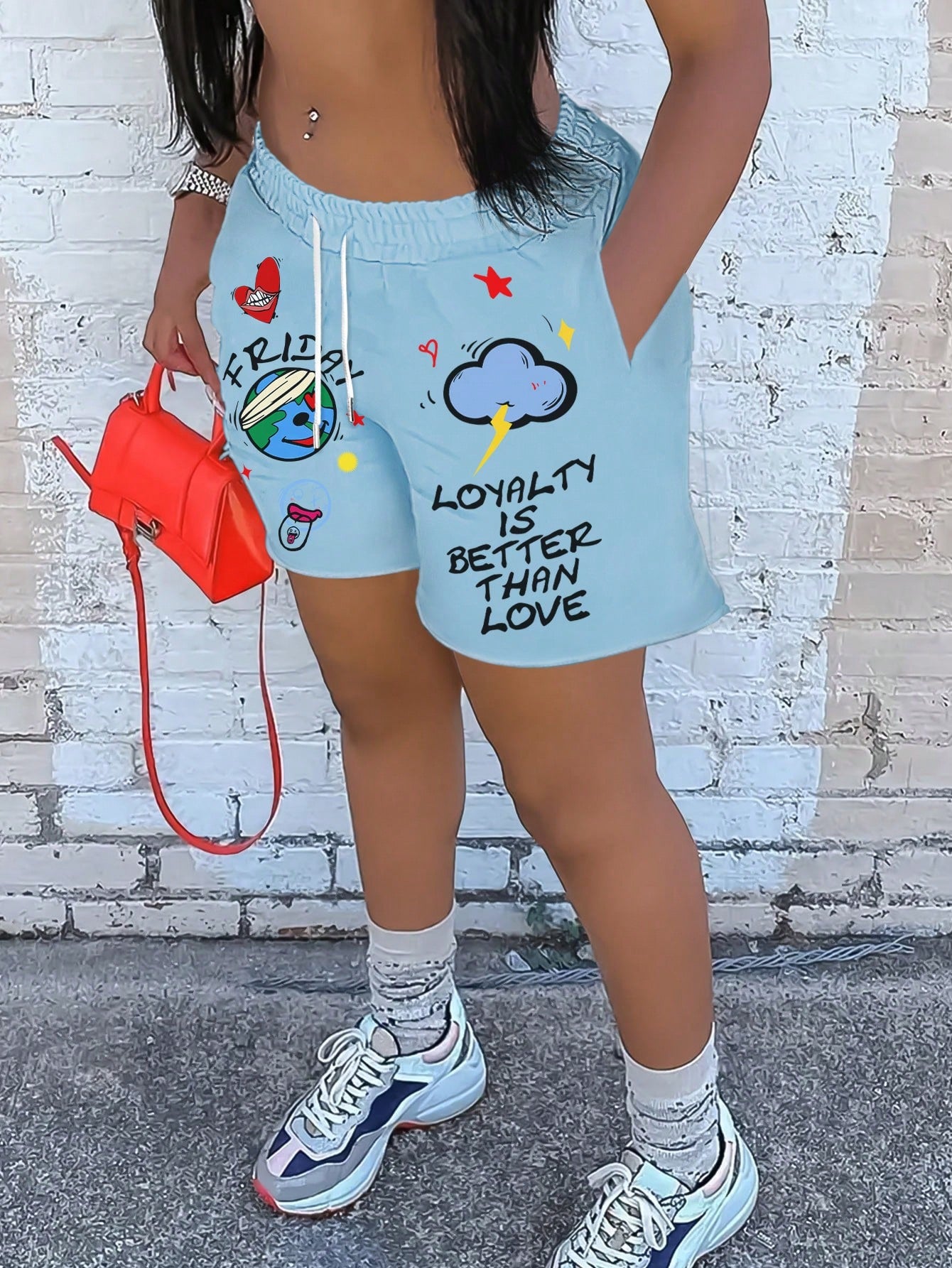 Women Summer Cartoon & Letter Print Drawstring Shorts With Pockets