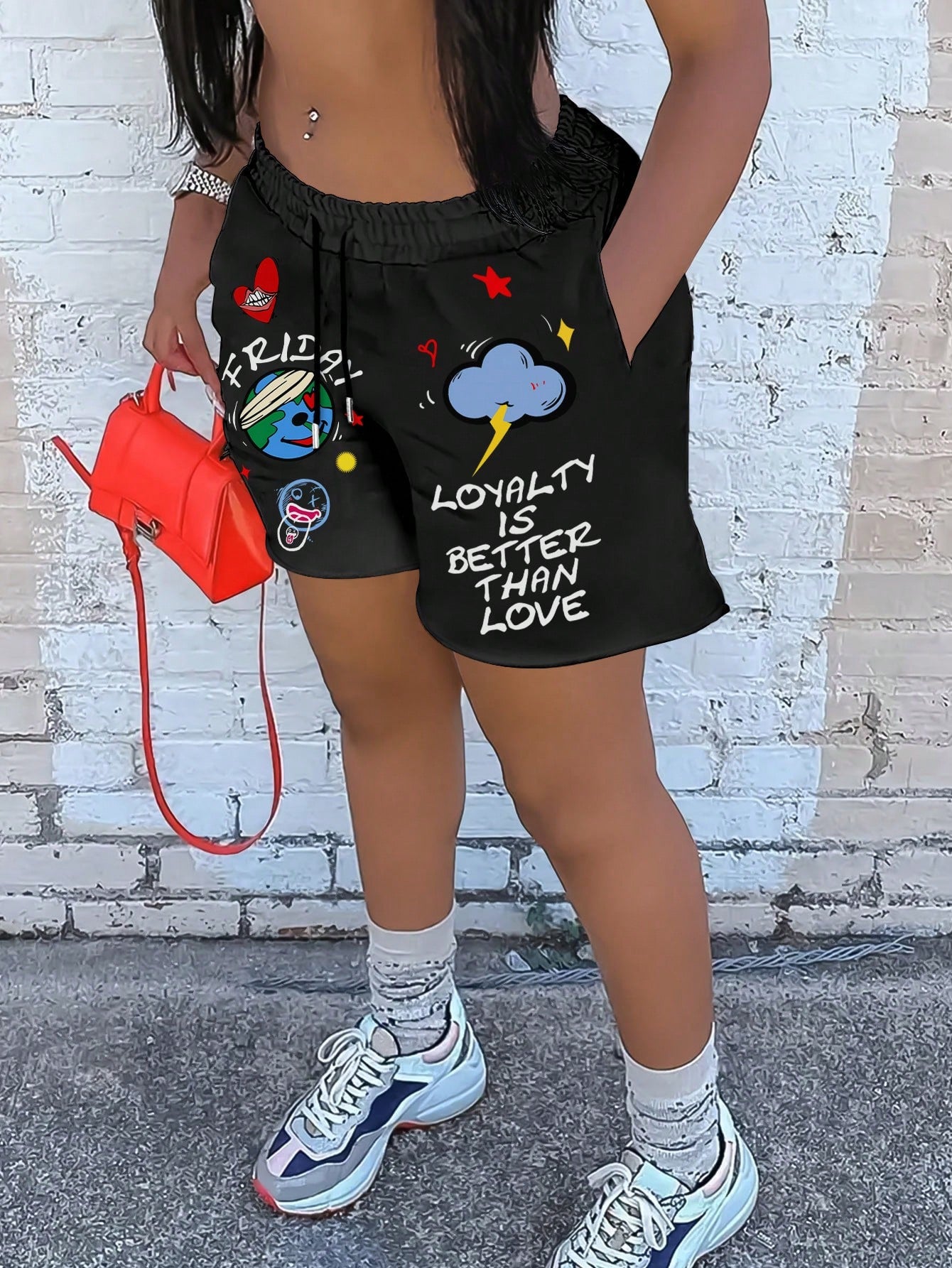 Women Summer Cartoon & Letter Print Drawstring Shorts With Pockets