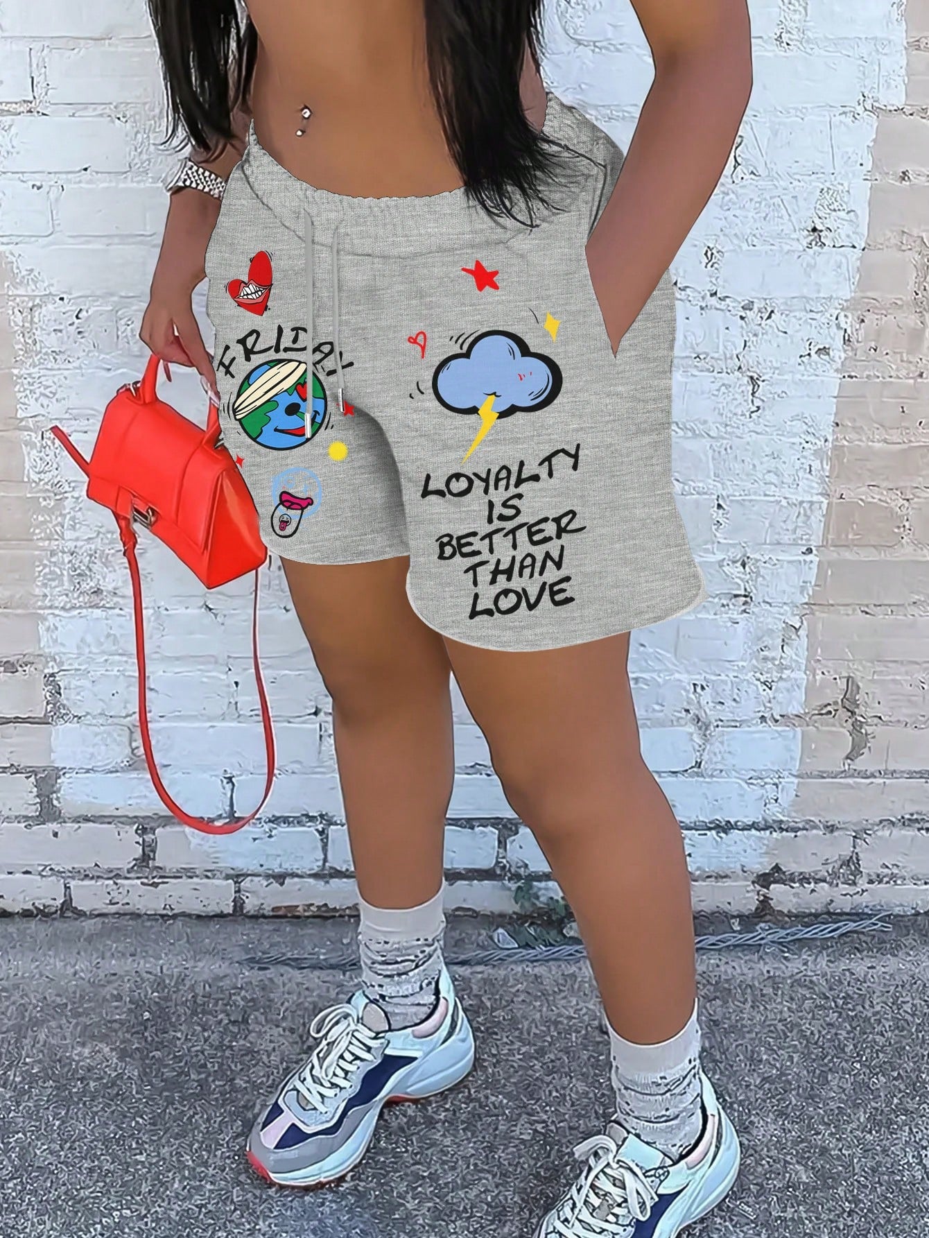 Women Summer Cartoon & Letter Print Drawstring Shorts With Pockets