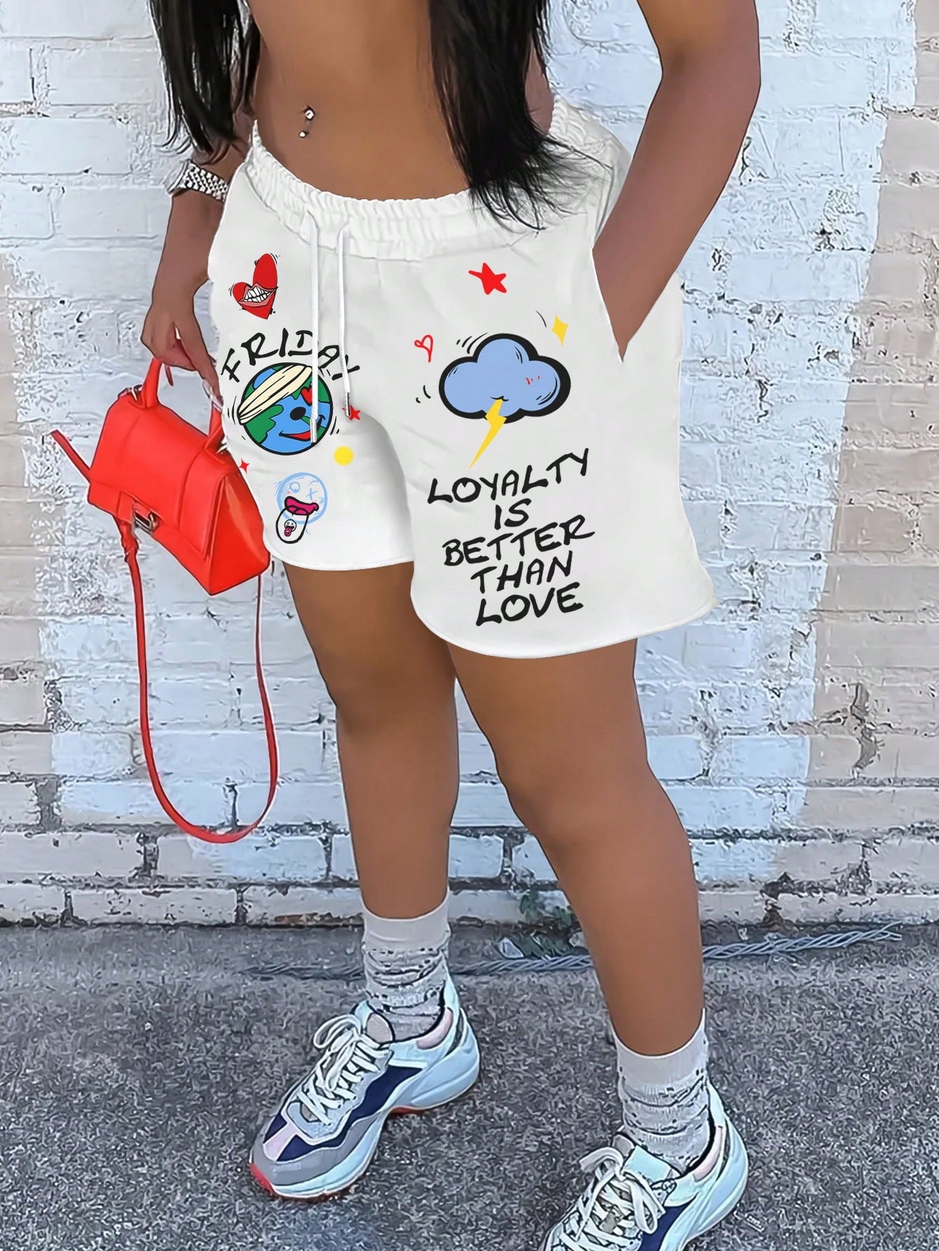 Women's Cloud Printed Slogan Drawstring Waist Pocket Casual Shorts