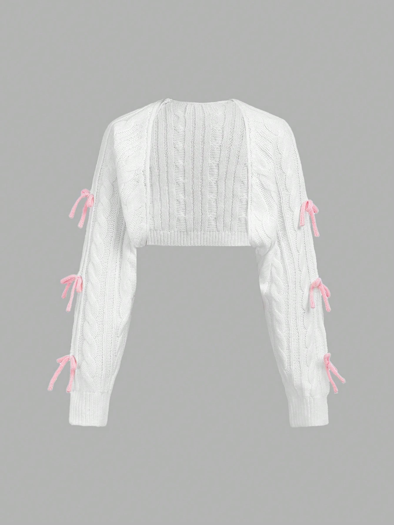 Girls' White Ballet Style Rib Knit Cardigan With Various Weaving Patterns And Shoulders, Decorated With Pink Bow, Short Length, And Front Button Closure. Fashionable, Sweet, Casual, And Trendy, Suitable For Autumn And Winter, Perfect For Travel, Gathering