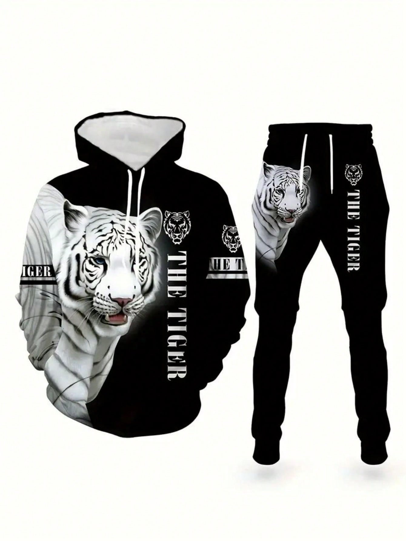 Men's Tiger Print Hooded Sweatshirt & Sweatpants Set For Spring/Autumn, Autumn And Winter Novelty Pajamas Loungewear Set, Sports Set, Men's Clothing