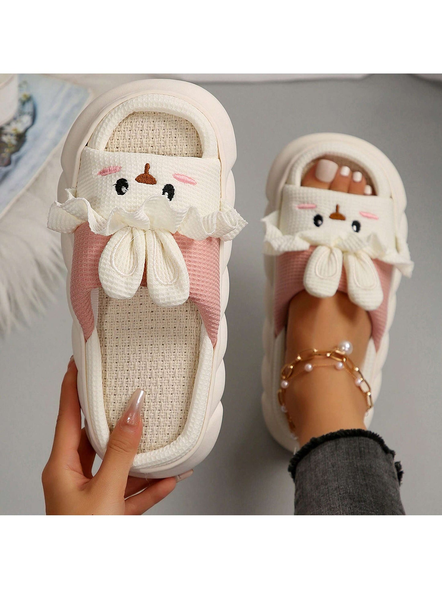 Home Women's Slippers Cute Cartoon Slippers Rabbit Shape Animal Slippers Linen Indoor Outdoor Slippers