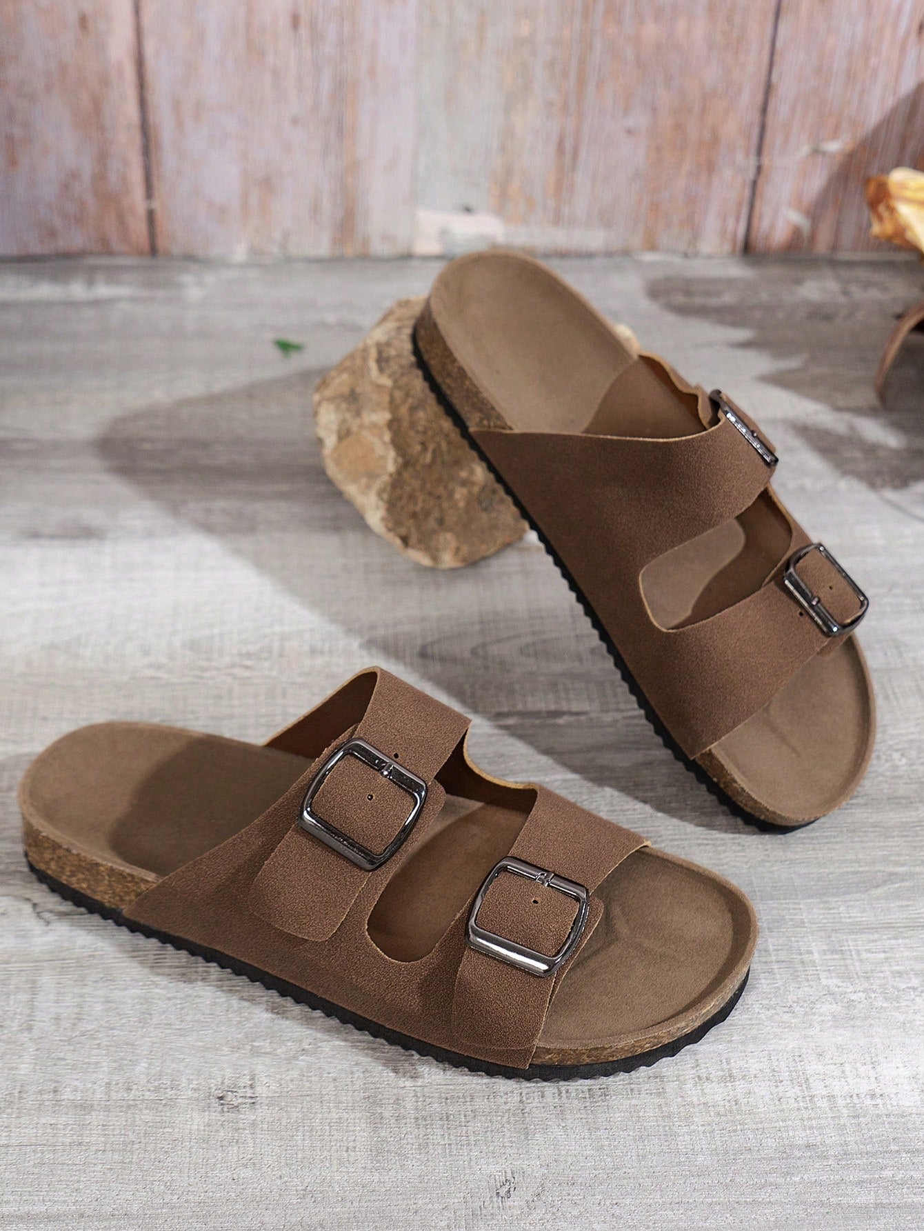 Women's New Fashion Beach Sandals, Wood Bottom, Flat, Open-Toe, Breathable, Double Buckle, Versatile, Lightweight, Comfortable Outdoor Walking Flat Sandals