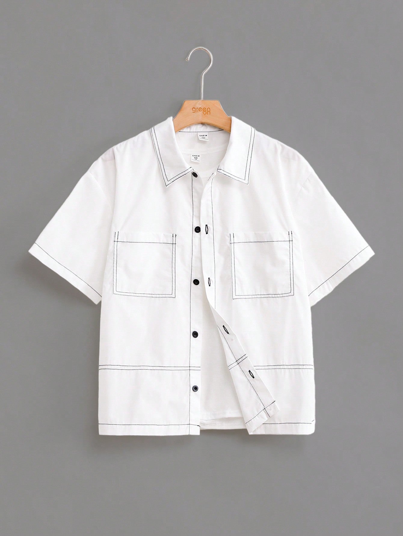 Teen Boys' Casual Colorblock Line Turn Down Collar Pocket Detailed Short Sleeve Shirt, Summer