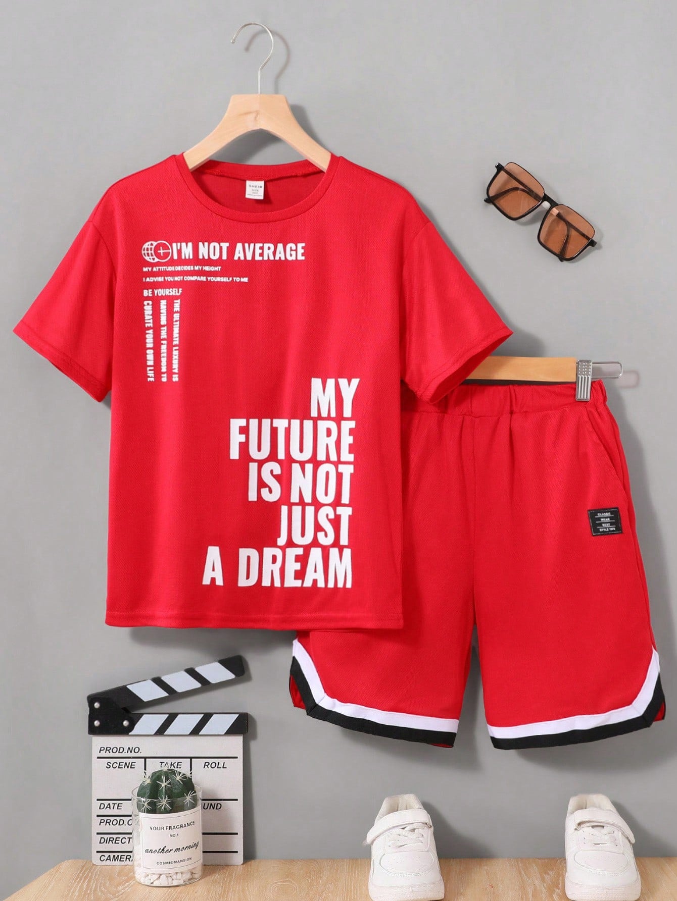 Teen Boy Casual Street Style Loose Fit Short Sleeve T-Shirt With Printed Letters, Spliced With Knitted Shorts Set