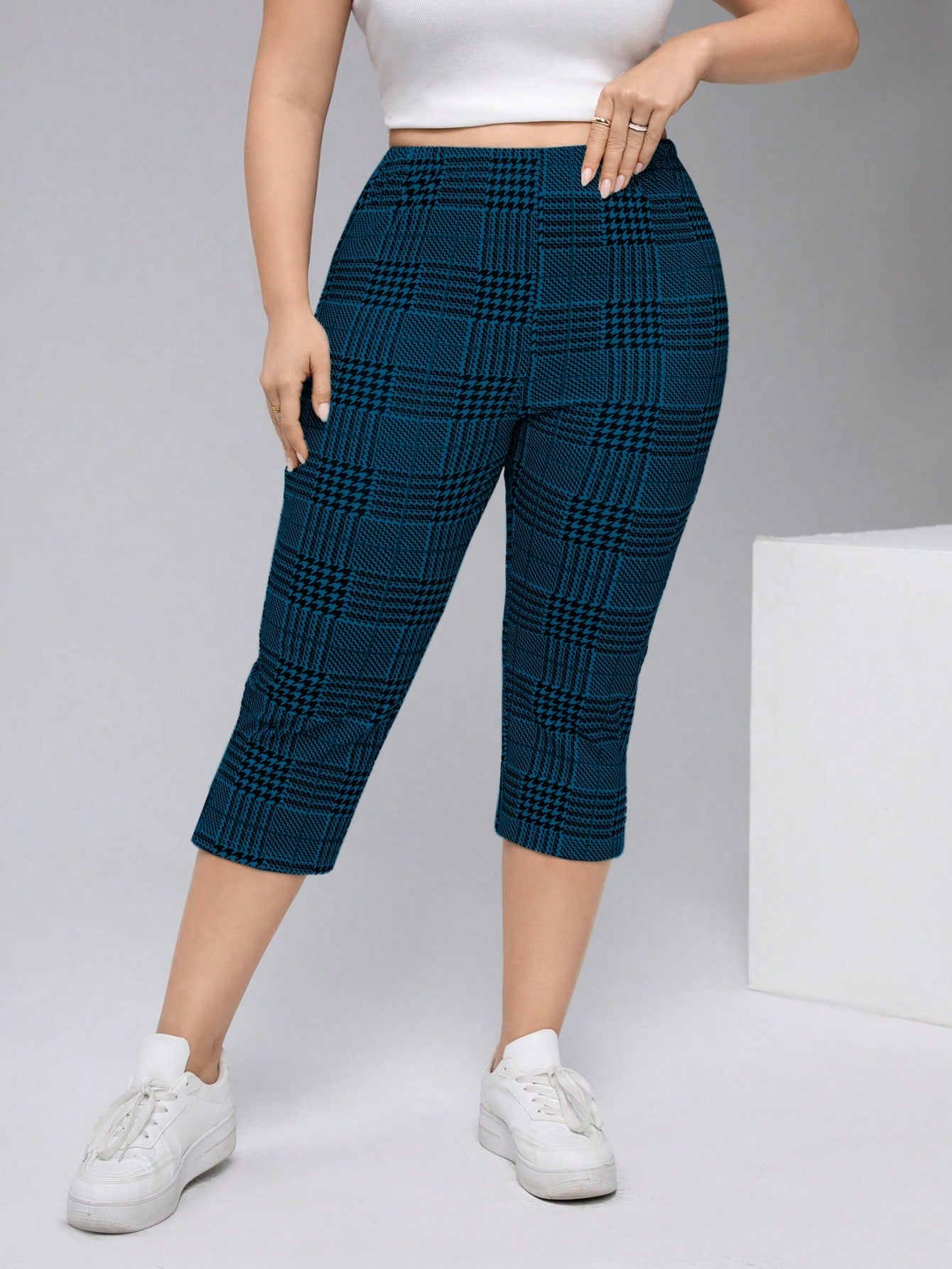 Plus Size Casual Plaid High Slit Mid-Calf Slim Fit Leggings