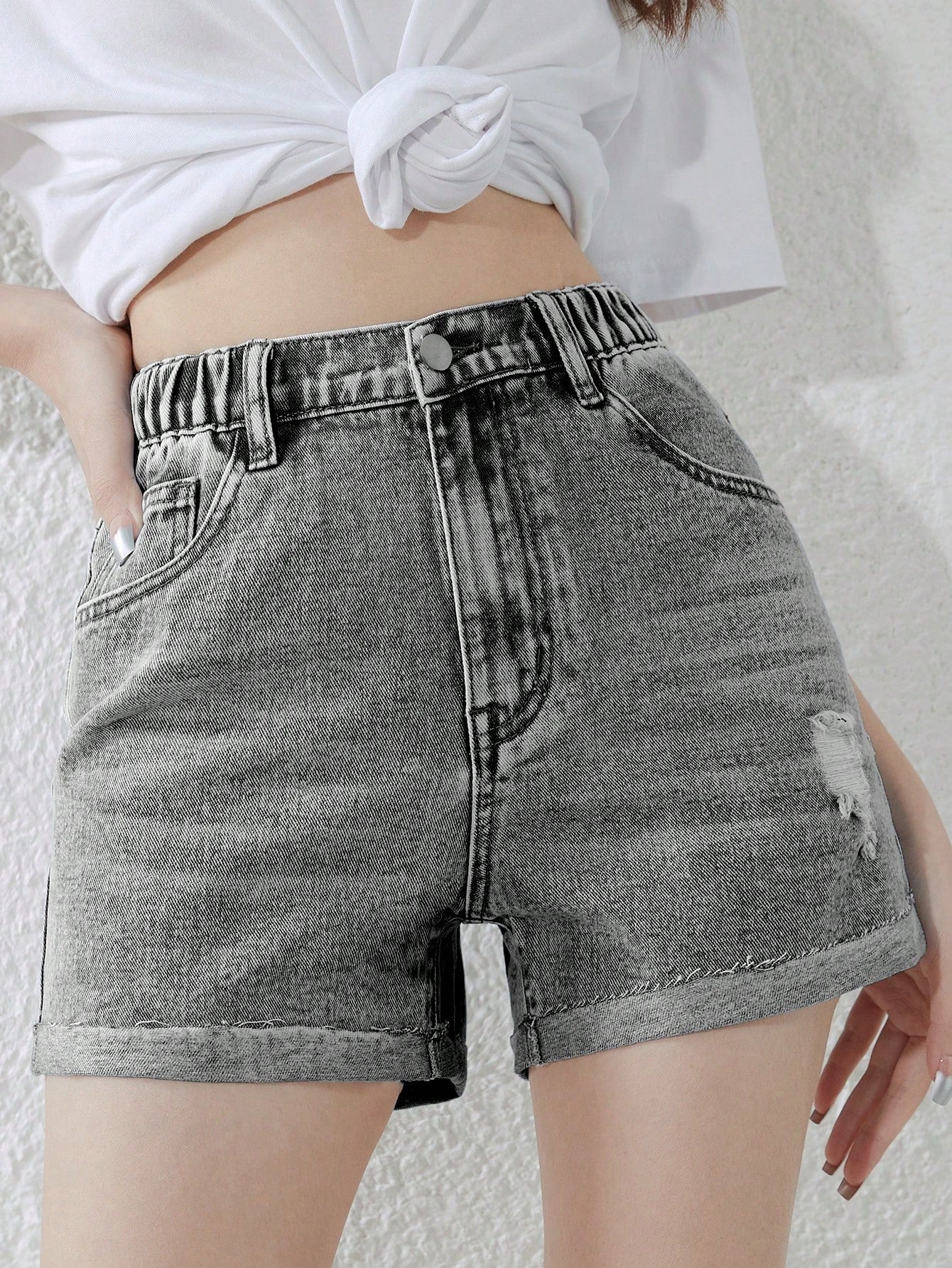 Teen Girls Ripped Roll Up Hem Denim Shorts