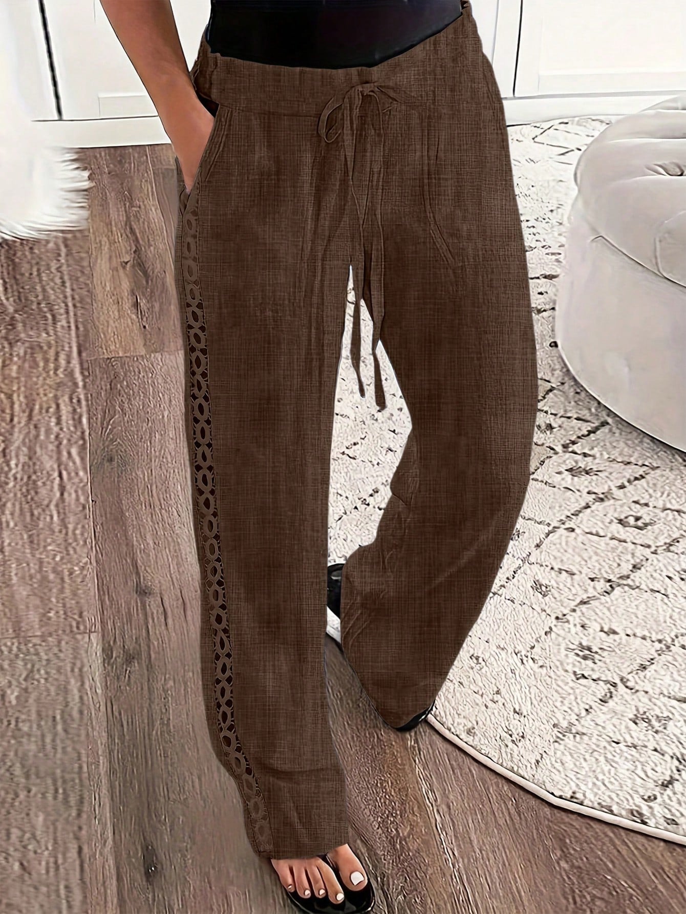 Ladies' Imitation Denim Linen Blend Side Lace Insert Long Pants