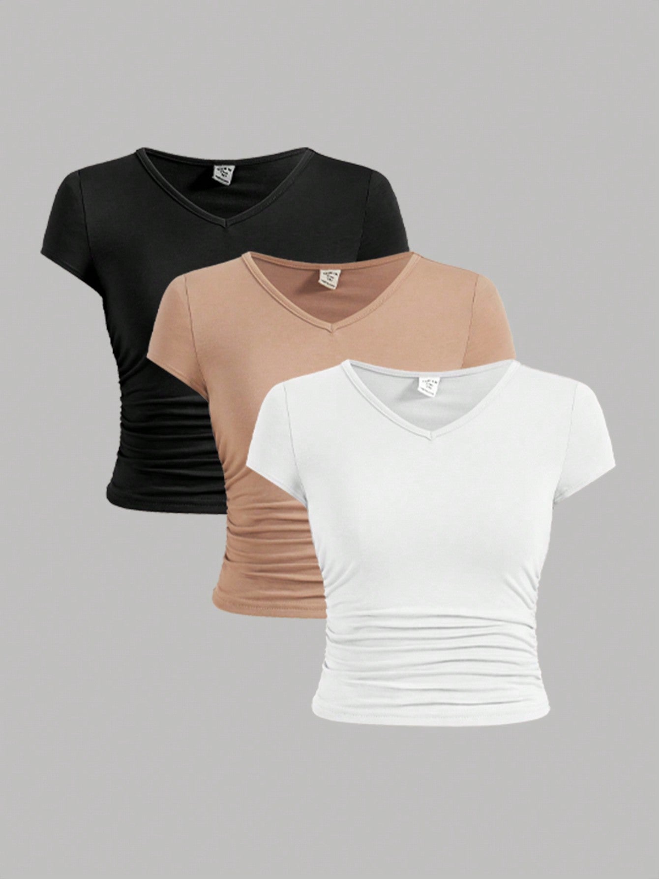 Teen Girl's Knitted Solid Color V-Neck Short Sleeve T-Shirt With Pleats, Set Of 3 For Casual Wear