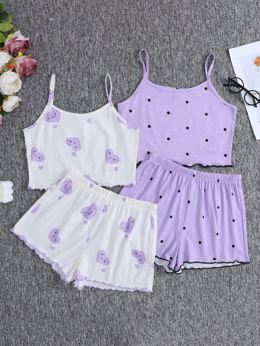 Tween Girl Summer Heart & Polka Dot Pattern Tank Top Shorts Set, Casual Loose Flame Retardant Homewear Pajamas (2pcs)