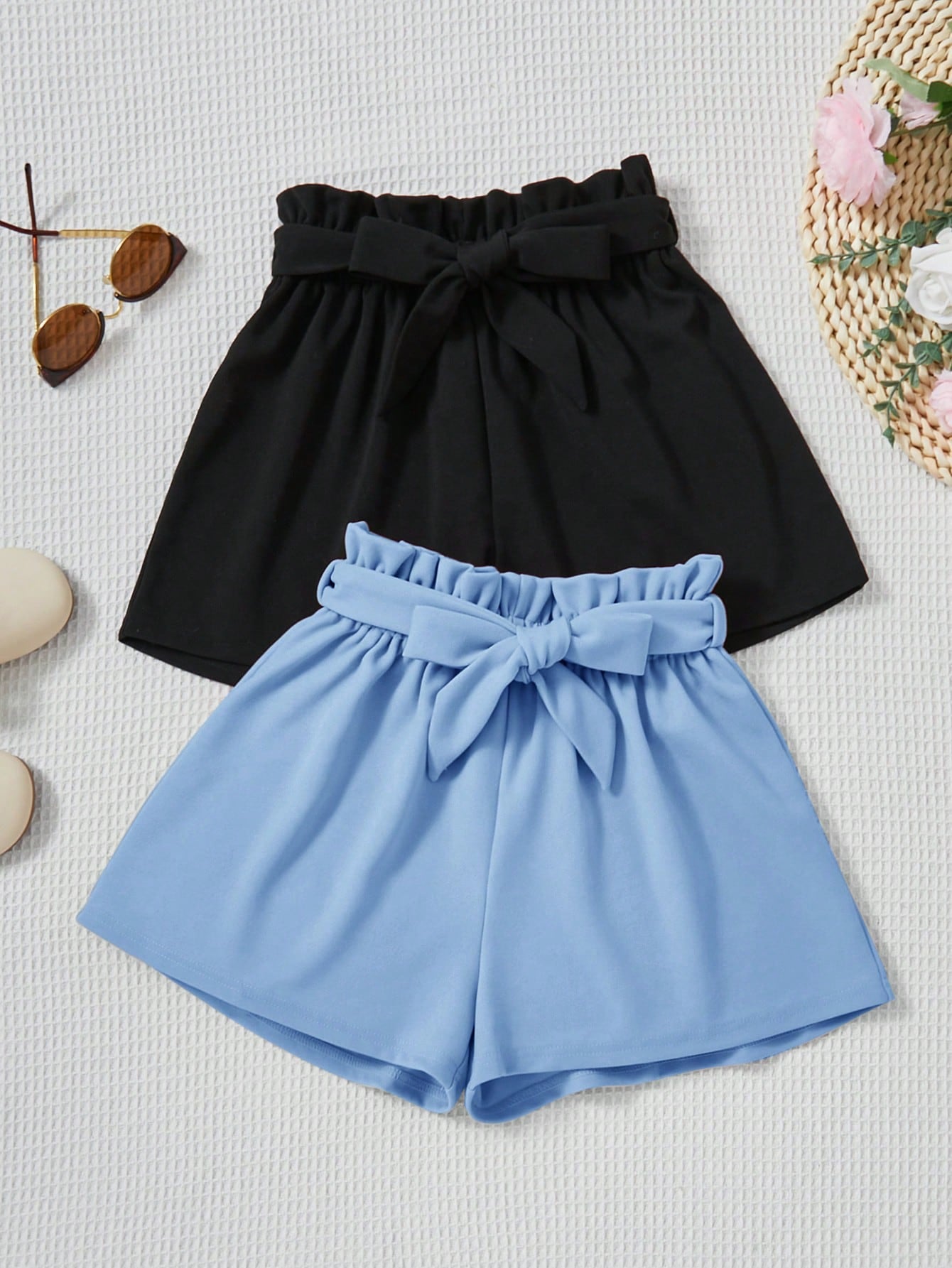 Tween Girl 2pcs Paperbag Waist Belted Shorts