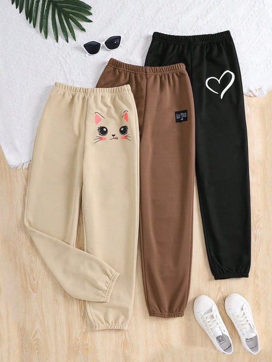 3pcs/Set Tween Girls' Sports Streetwear Knitted Drawstring Jogger Pants