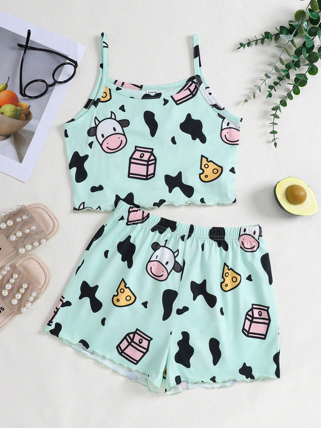 Tween Girl Knitted Wide Leg Pajamas Set, Cow Print Tank Top & Shorts, Summer