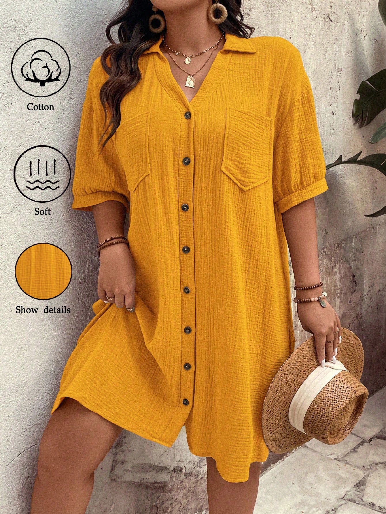 Plus Size Women's Summer Solid Color Drop Shoulder Pocket Casual Shirt Dress