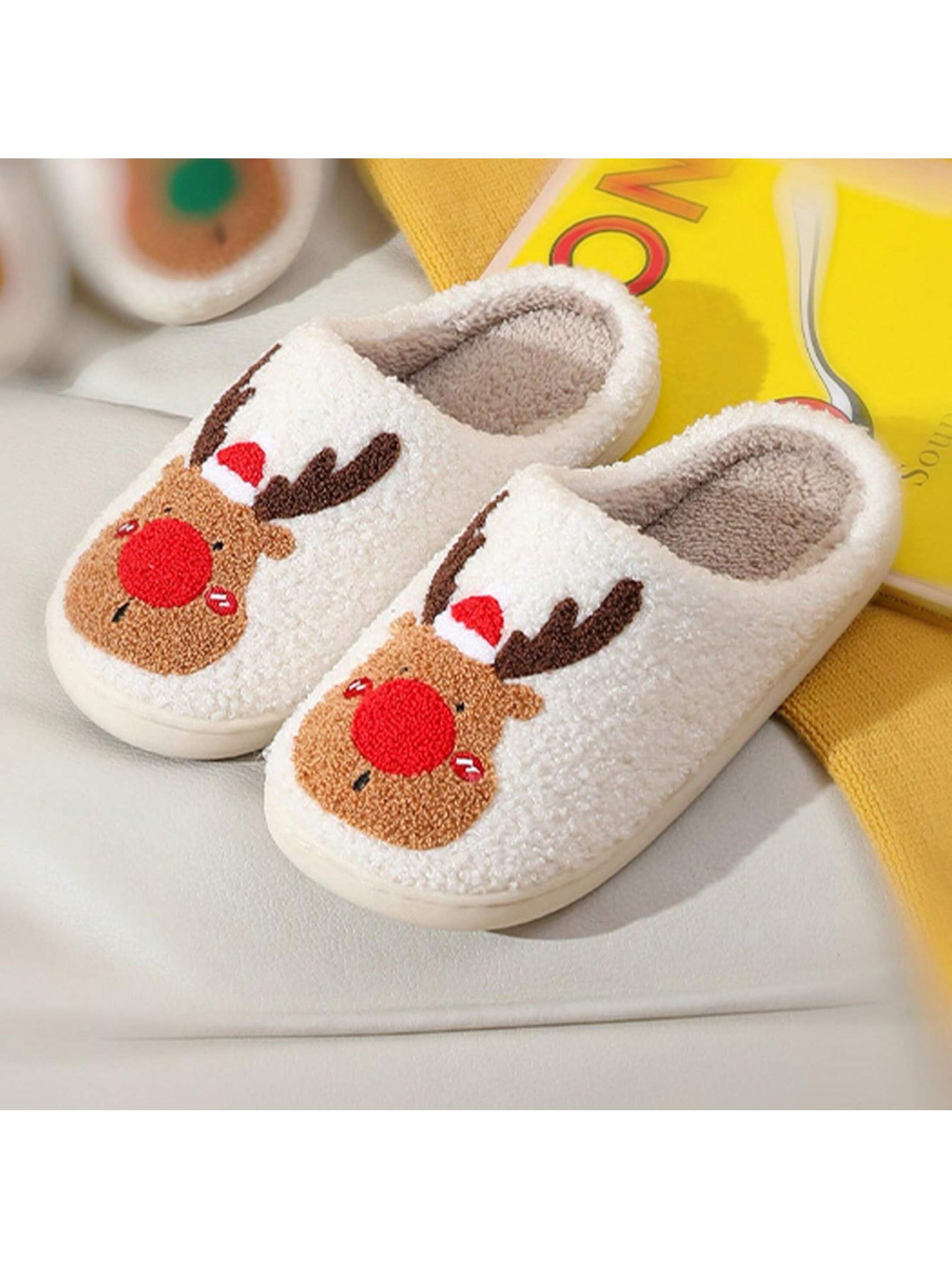 Winter Soft Cozy Non-Slip Memory Foam Indoor Outdoor Shoes,Women Christmas Elk Xmas Slippers Red Moose Cute Cartoon Fuzzy Warm House Slippers