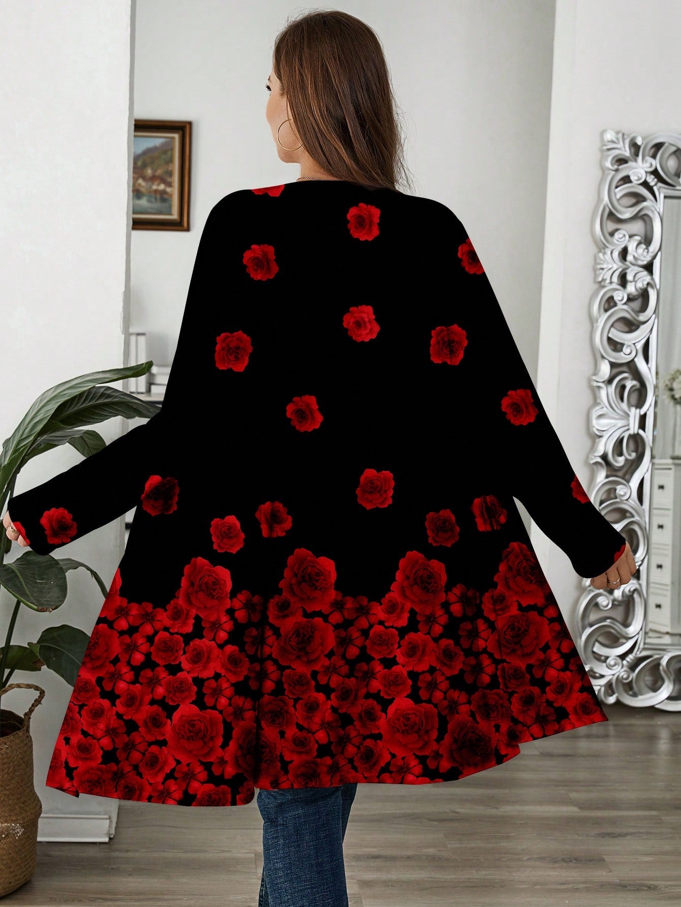 Plus Size Women's Casual Loose Fit Long Sleeve Floral Printed Cardigan Sweater For Fall