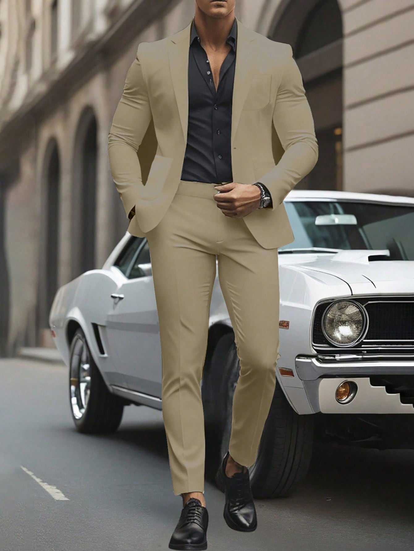 Men Solid Color Suit Jacket And Pants Set Suit