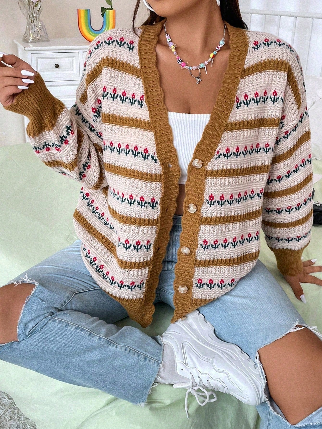 Plus Floral Pattern Drop Shoulder Cardigan