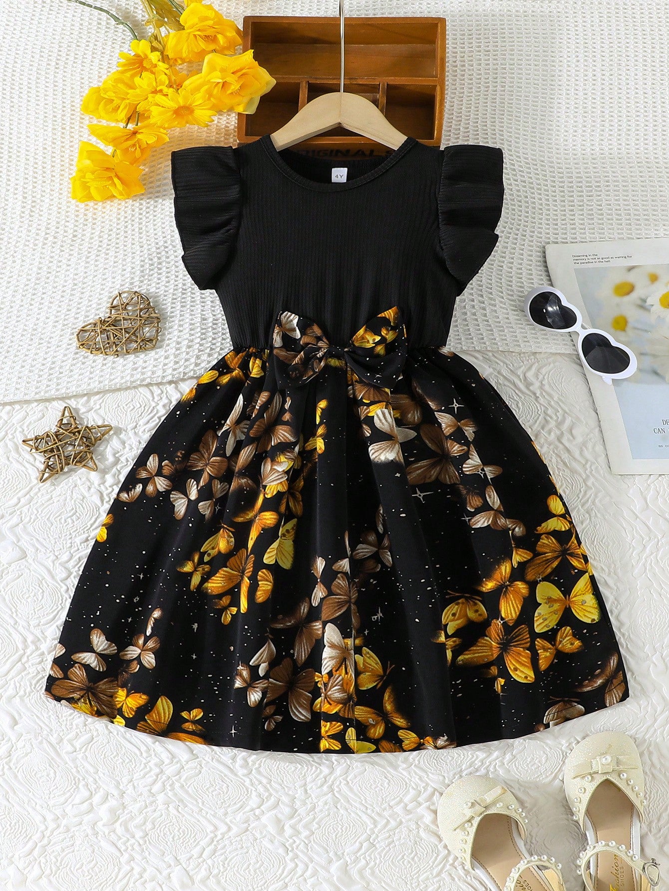 Young Girl Summer Casual Dress With Ruffled Sleeves, Bow And Rose Print