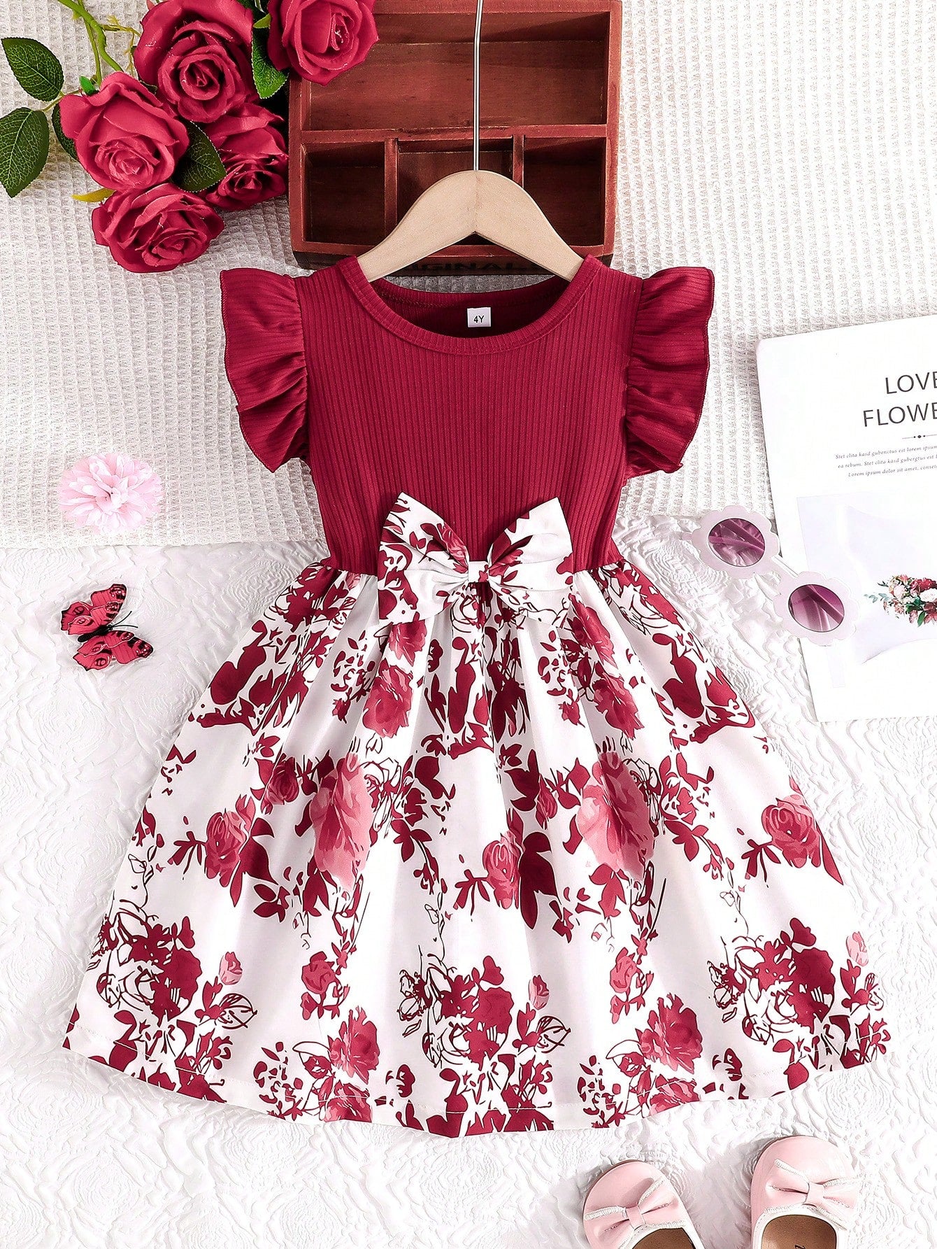 Young Girl Summer Casual Dress With Ruffled Sleeves, Bow And Rose Print