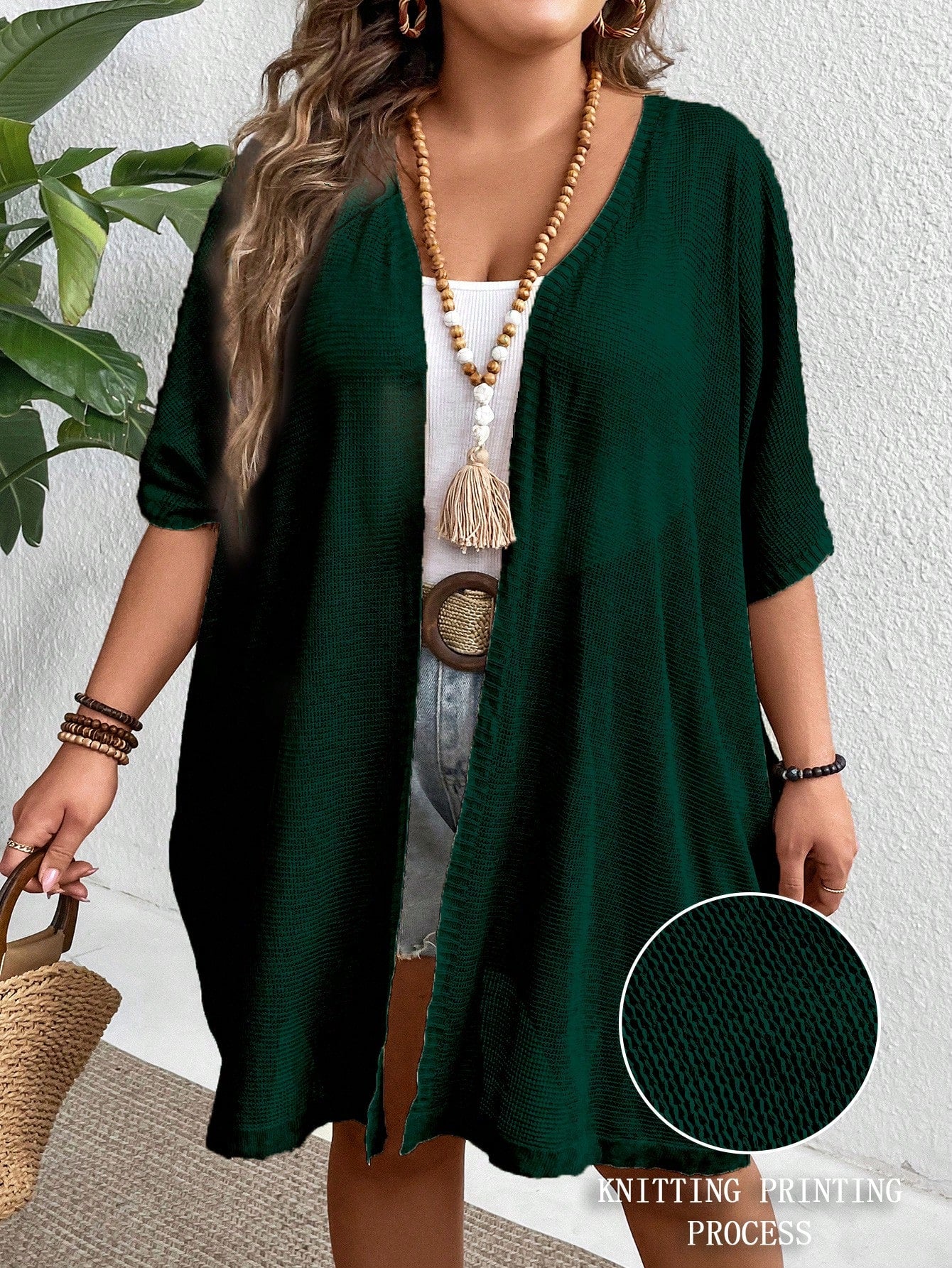 Plus Size Solid Color See-Through Sweater Cardigan With Half Sleeves