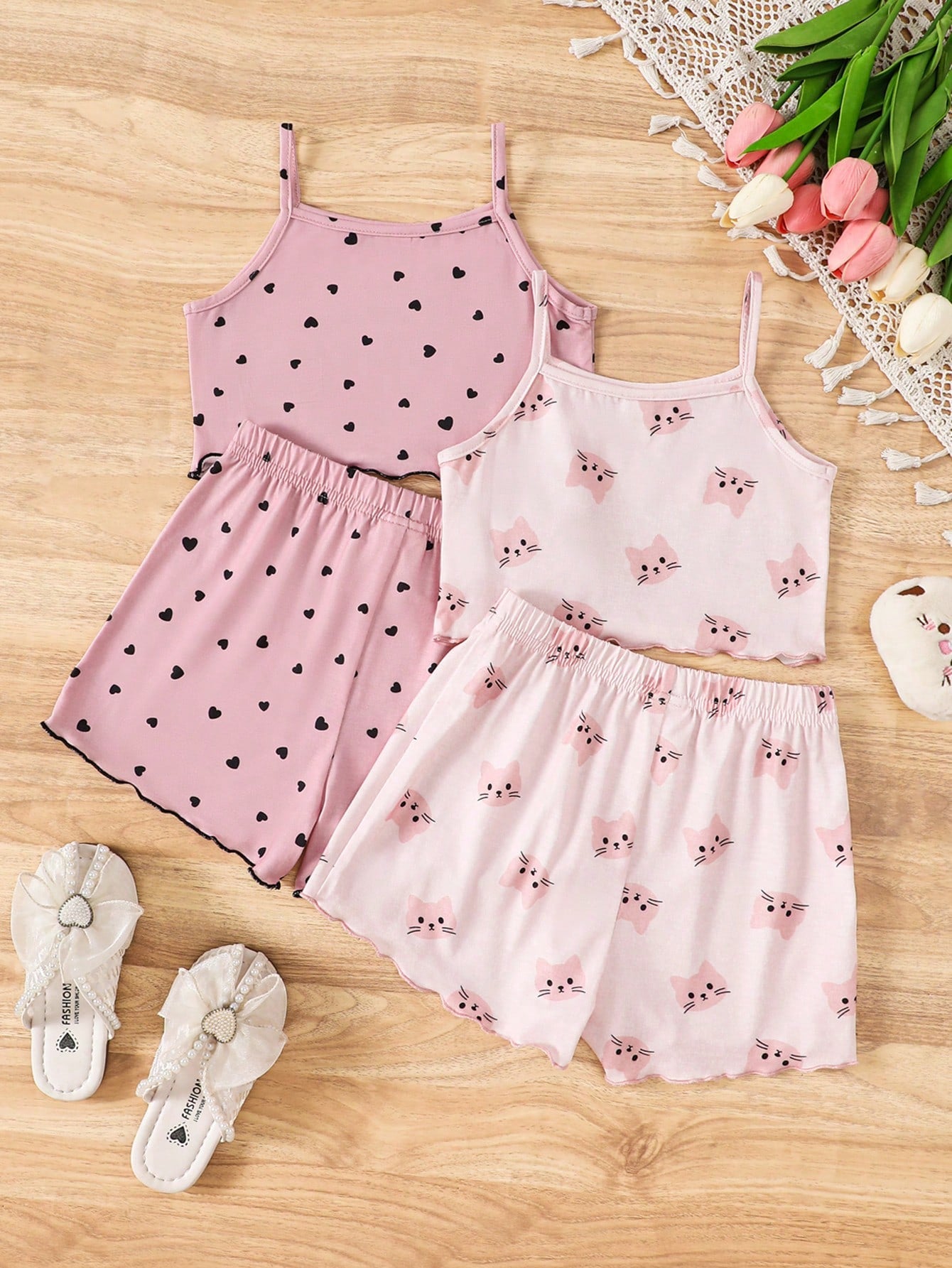 4pcs Young Girl Cute Rabbit Pattern Knitted Set - Tank Top, Shorts, And Pajamas For Summer