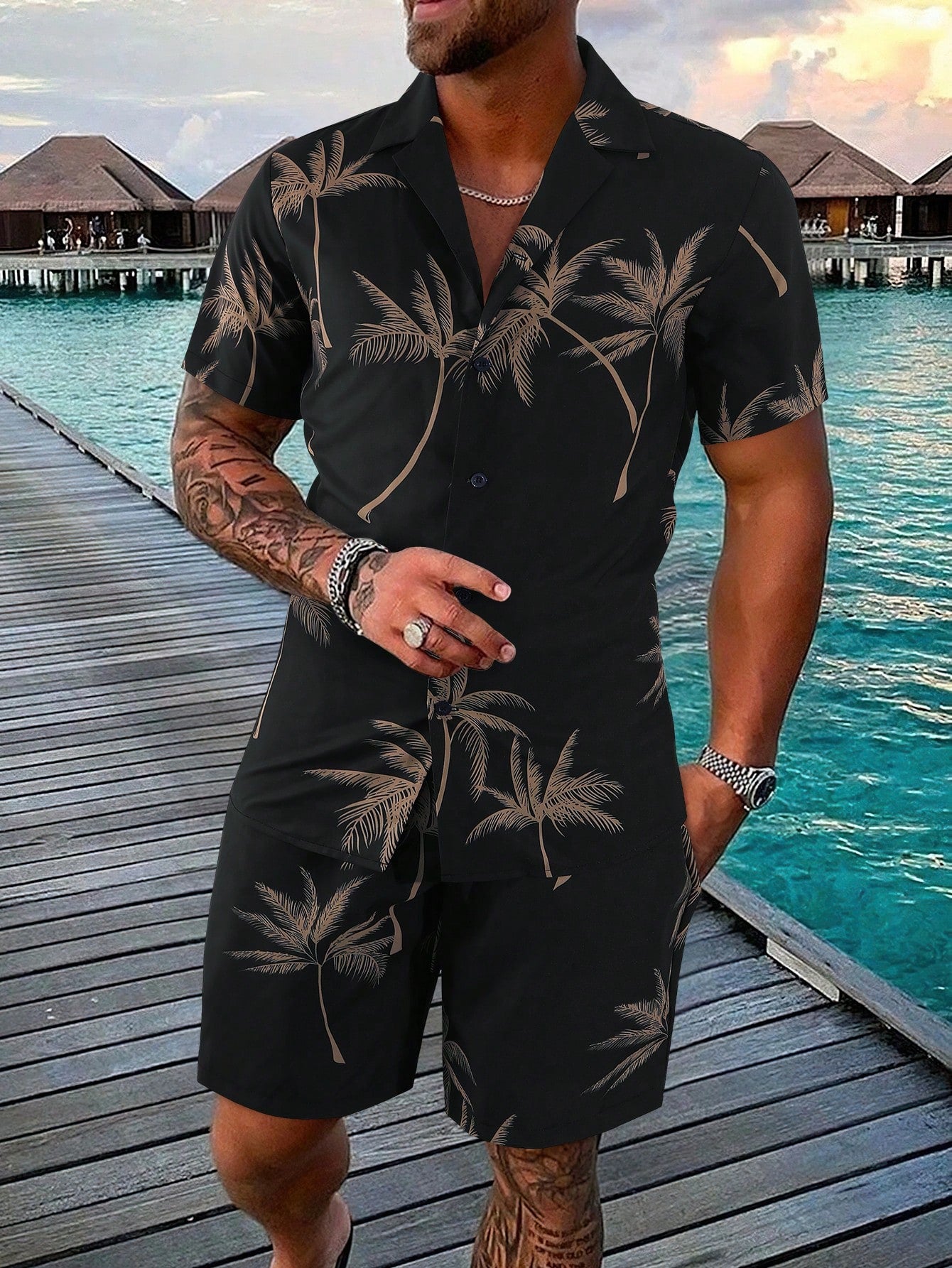 Men Random Palm Tree Print Shirt & Drawstring Waist Shorts Without Tee