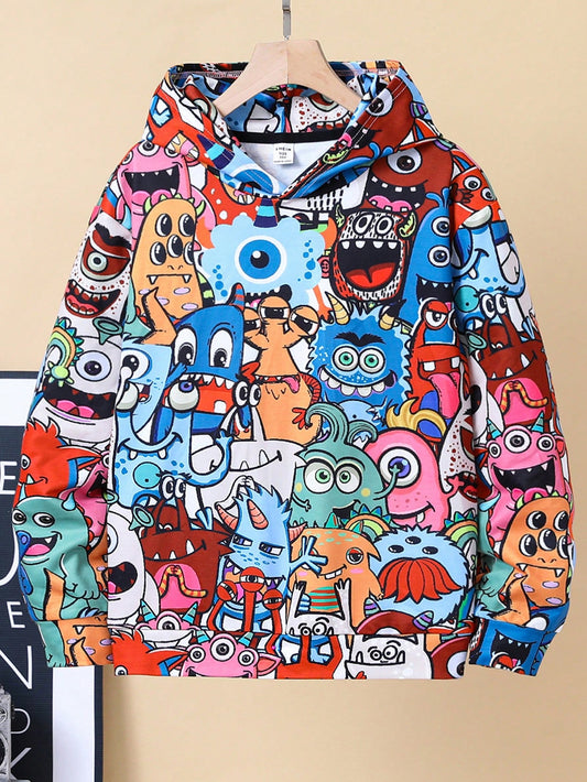 Kids Tween Boy Casual Korean Style Cute Full-Print Cartoon Hooded Loose Knit Sweatshirt, Suitable For Commutes, School, Daily Wear, Vacation And Sports, Ideal For Autumn And Winter Seasons