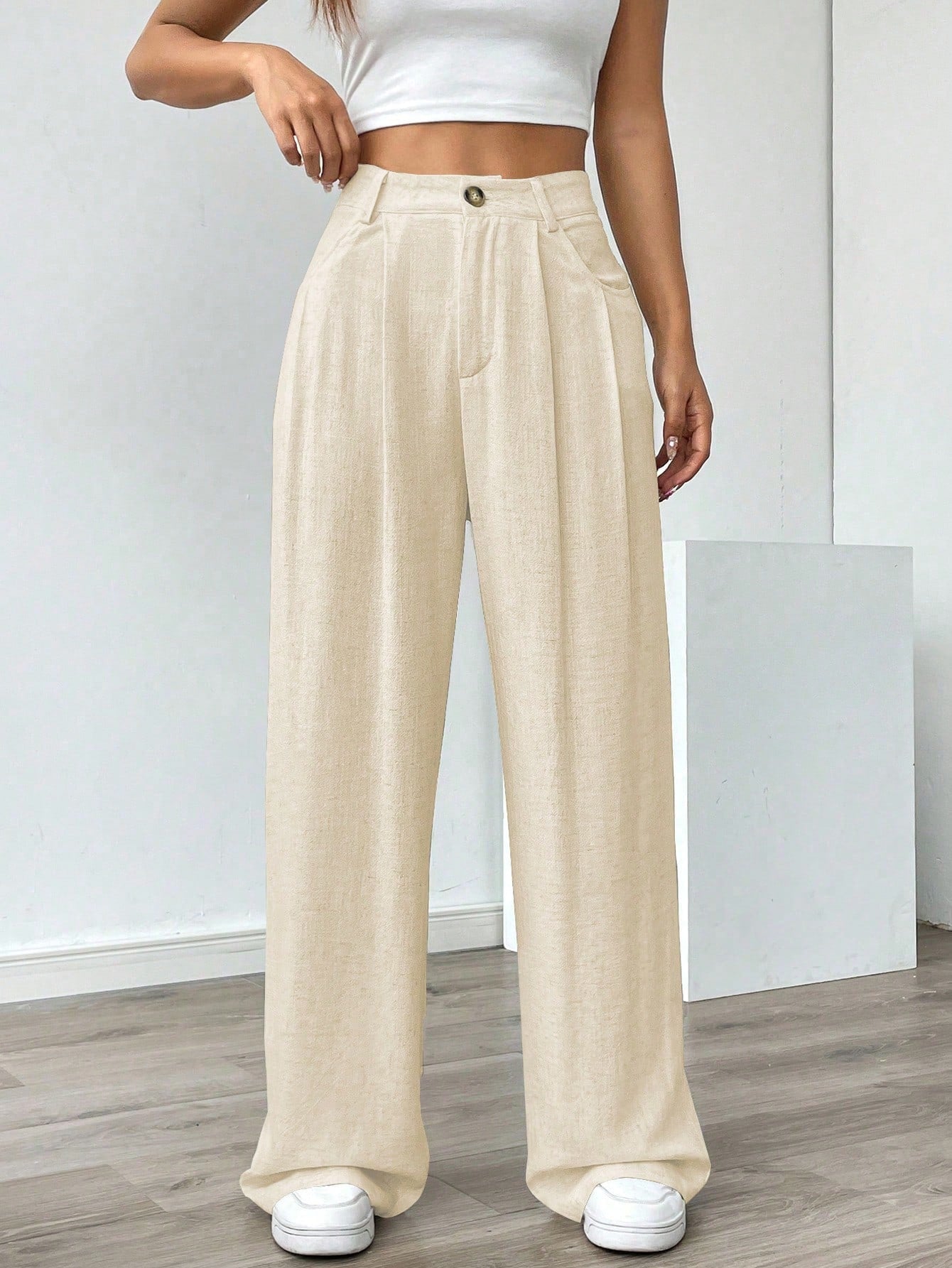 Women's Solid Color Button Pocket Casual Straight Pants