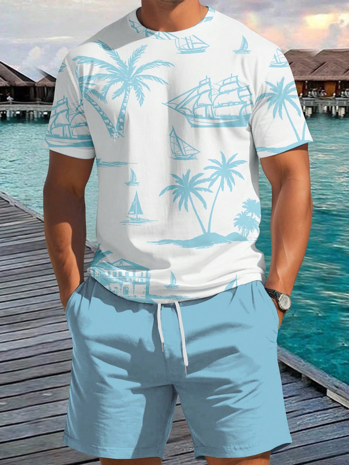 Men's Summer Holiday Palm Tree Printed Round Neck Short Sleeve Casual T-Shirt And Drawstring Waist Shorts Set