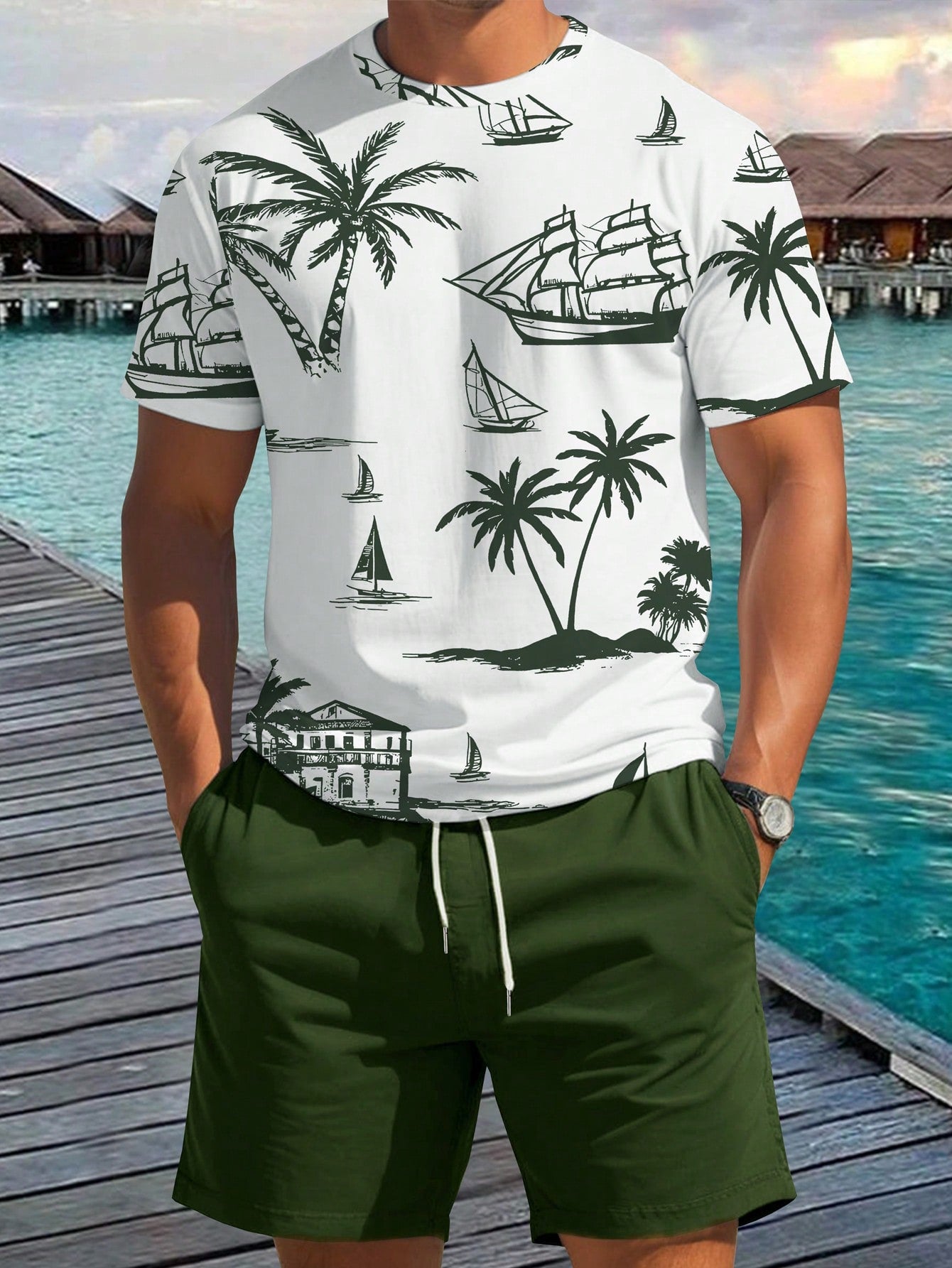 Men's Summer Holiday Palm Tree Printed Round Neck Short Sleeve Casual T-Shirt And Drawstring Waist Shorts Set