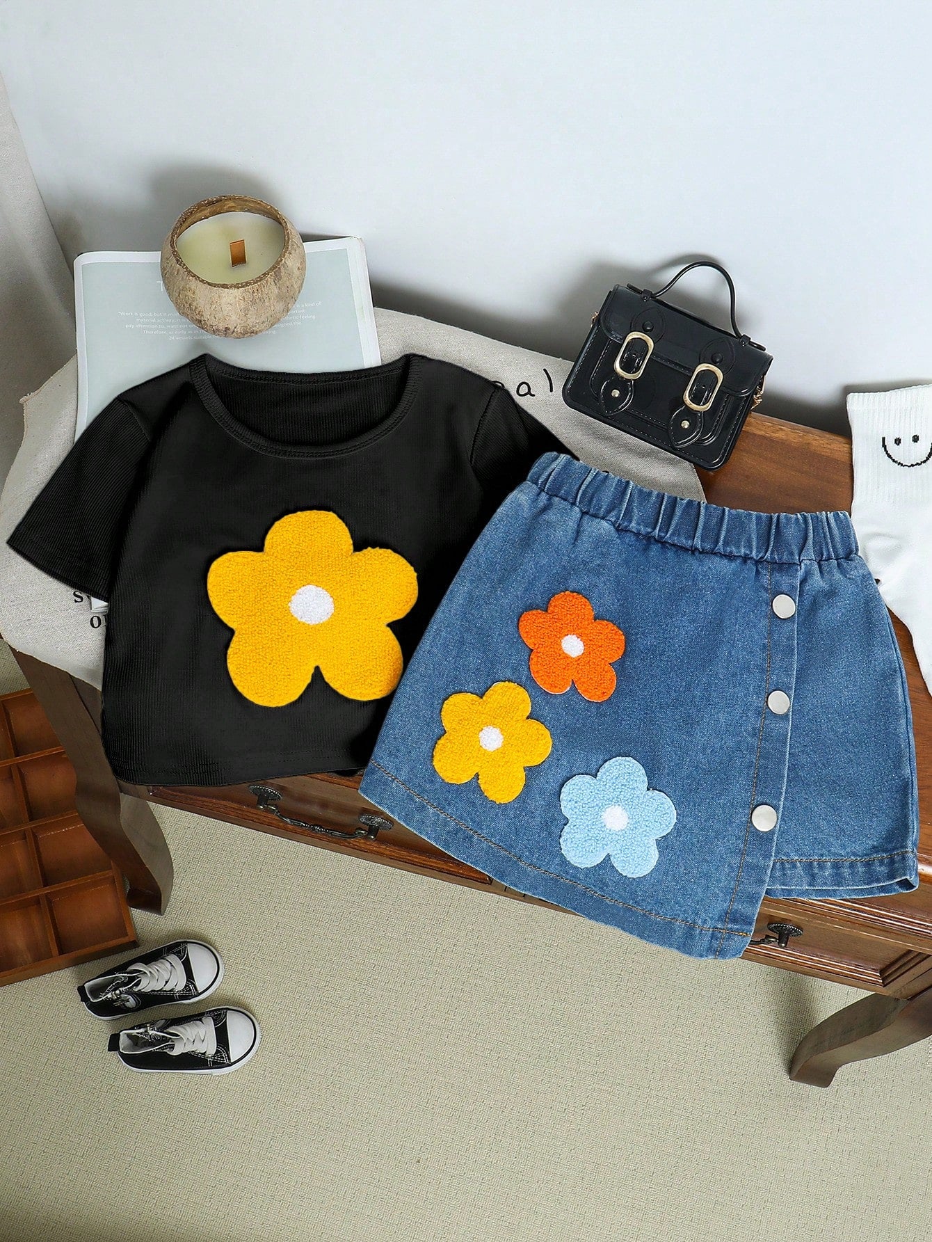 Young Girl Casual Vacation Embroidered Flower T-Shirt & Denim Skort 2pcs/Set