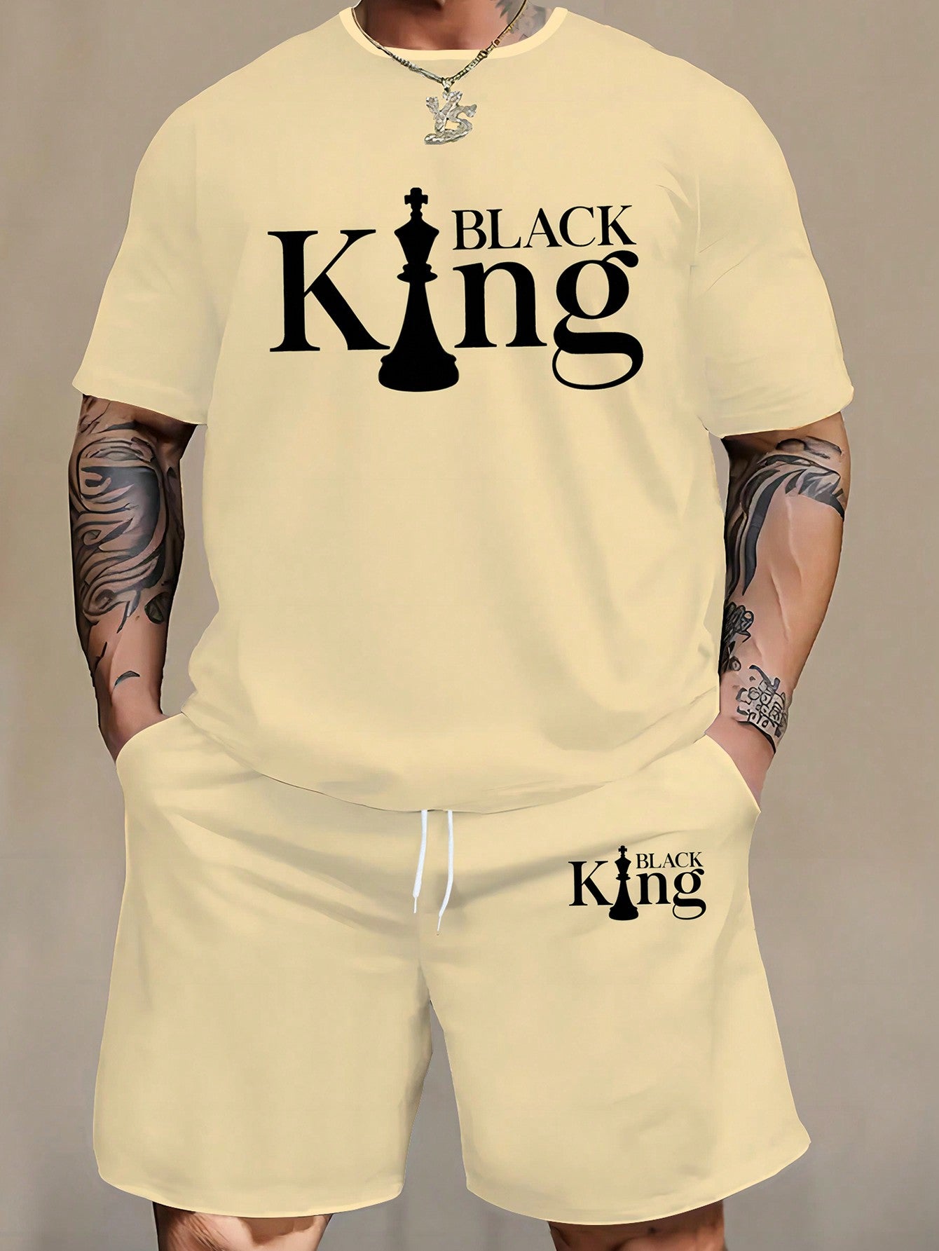 Plus Size Men's 'KING' Print Crew Neck T-Shirt And Drawstring Waist Shorts Set, Casual