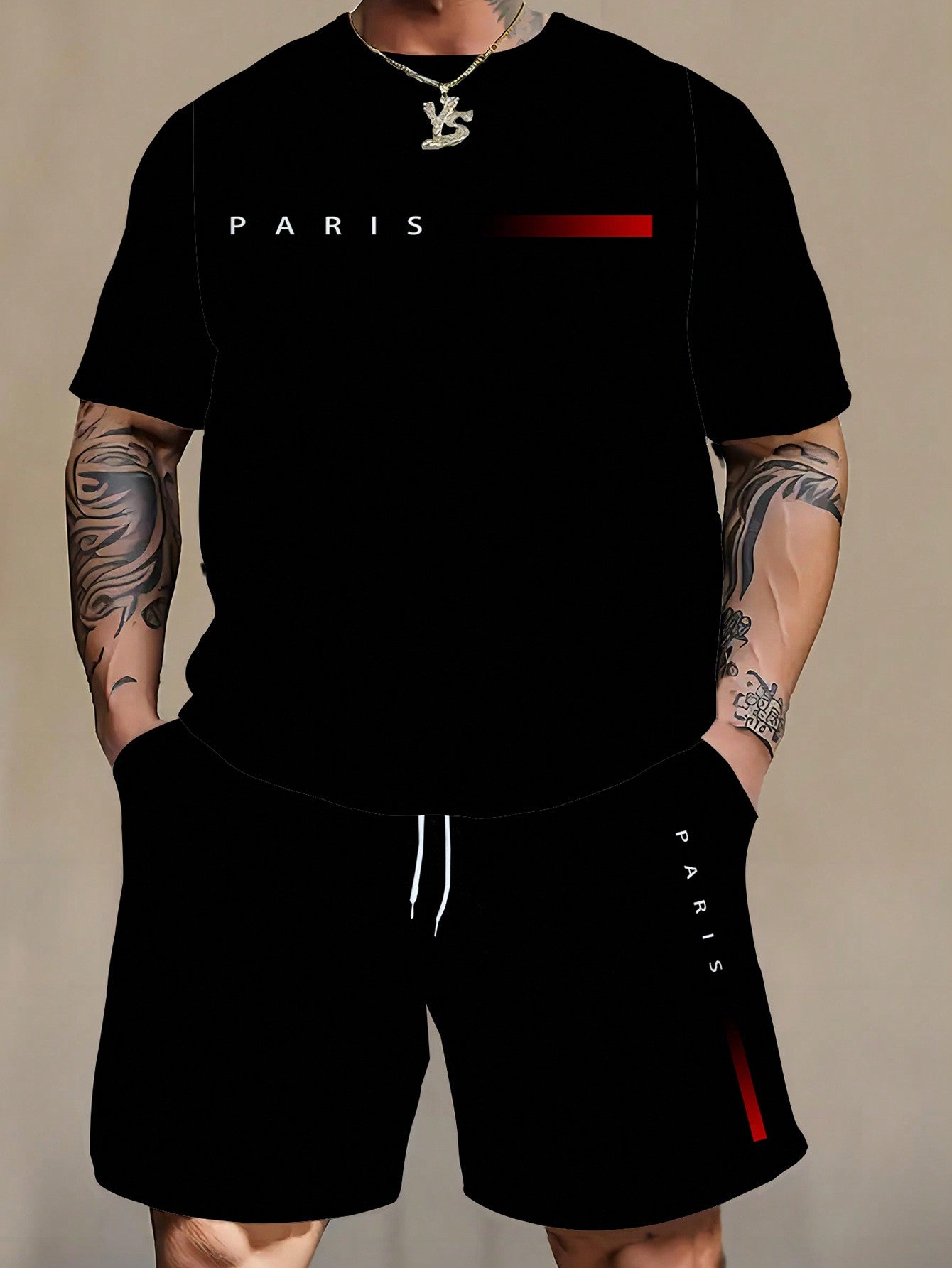 Men's Oversized 'PARIS' Letter Print T-Shirt And Drawstring Waist Shorts Casual Set