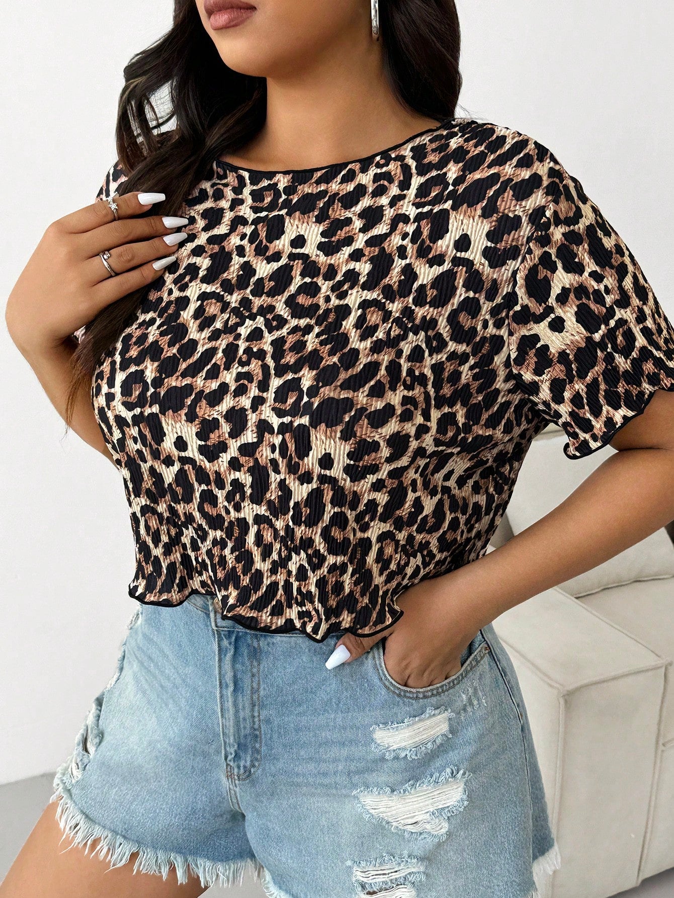 Plus Size Women's Geometric Printed Round Neck Short Sleeve Pleated T-Shirt, Summer