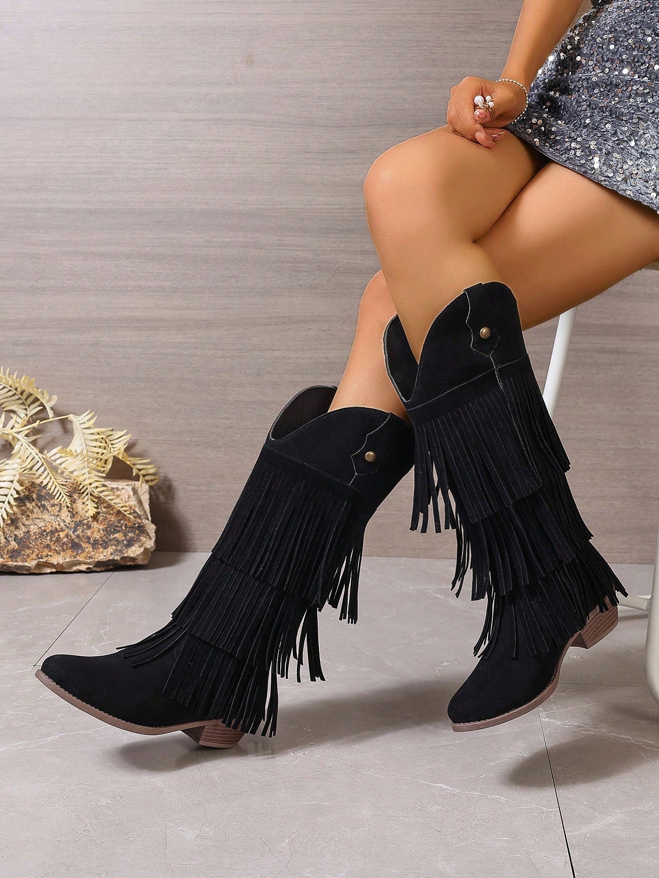 3-Layer Fringe Rivet Round Toe Block Heel Cowgirl Boots For Women, Elegant & Versatile