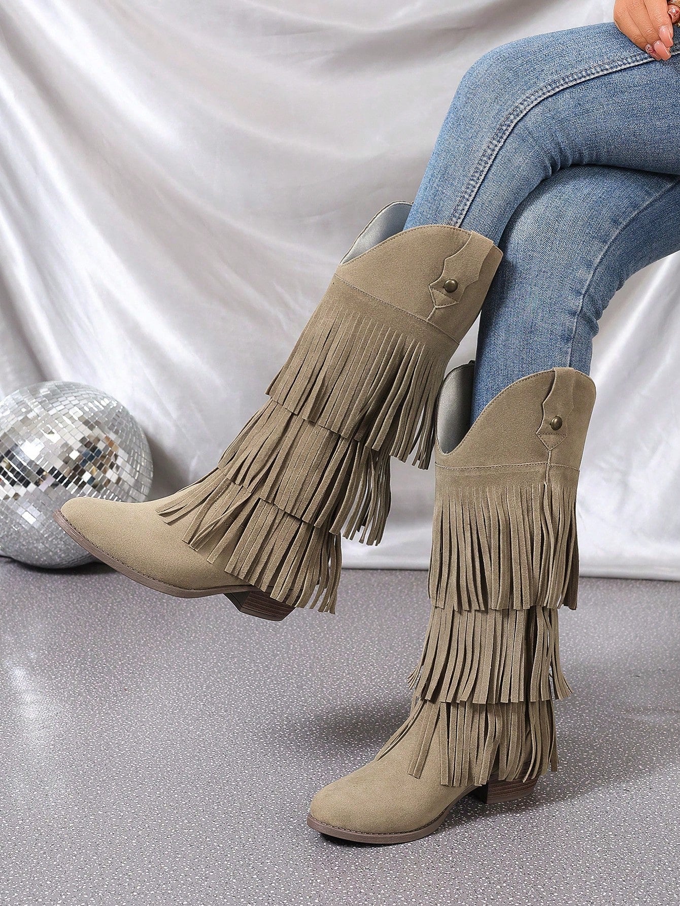 3-Layer Fringe Rivet Round Toe Block Heel Cowgirl Boots For Women, Elegant & Versatile