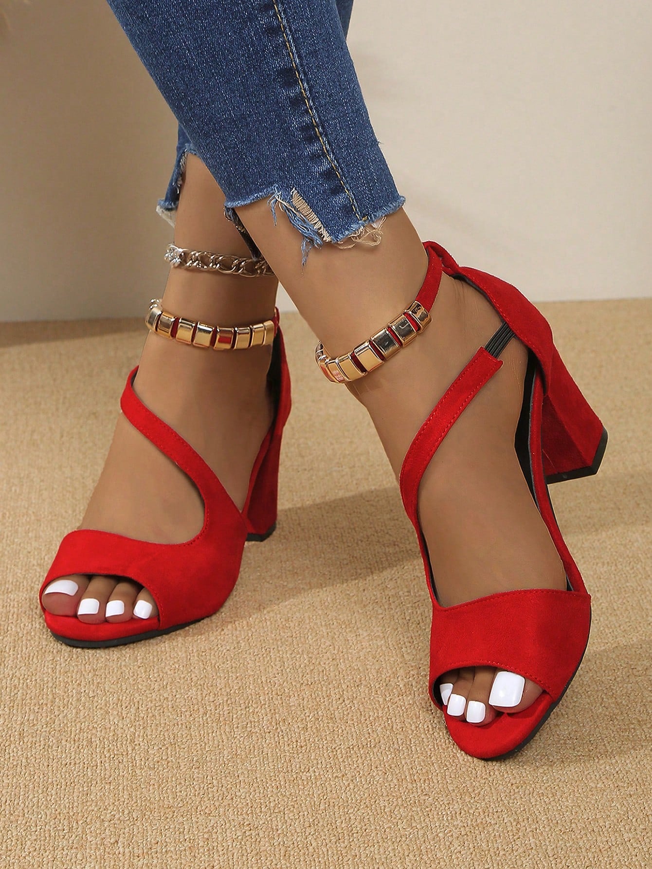 Women's Peep-Toe High Heel Sandals With Chunky Heel, Back Zipper, Casual Summer Shoes, New Trendy & Stylish Outdoor High Heels