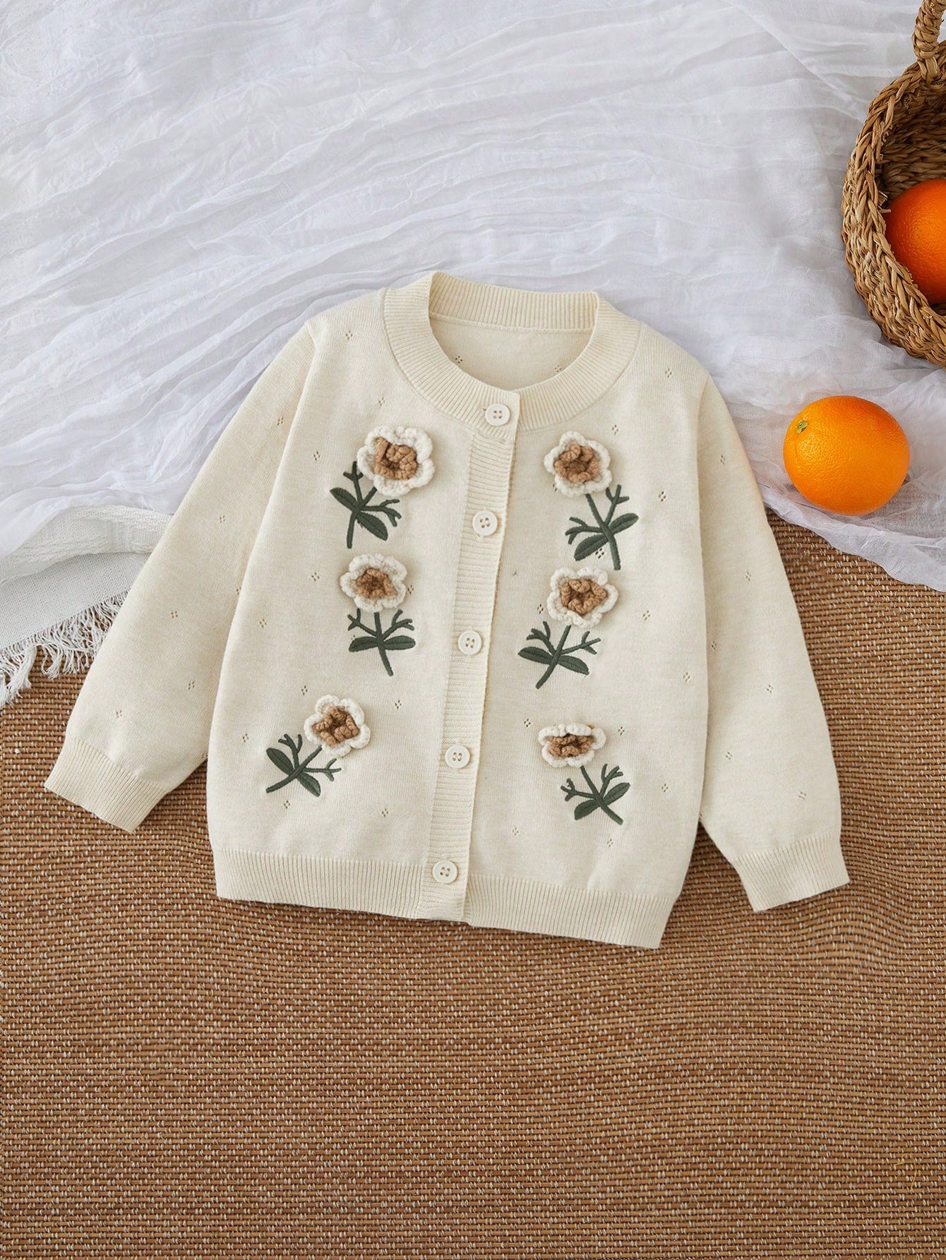 Girl's Floral Embroidered Knit Cardigan, Spring And Autumn Long Sleeve Top