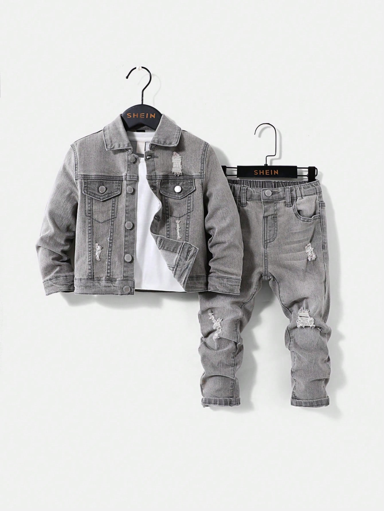 Young Boy 2pcs/Set Loose Fit Denim Jacket And Skinny Jeans Outfits