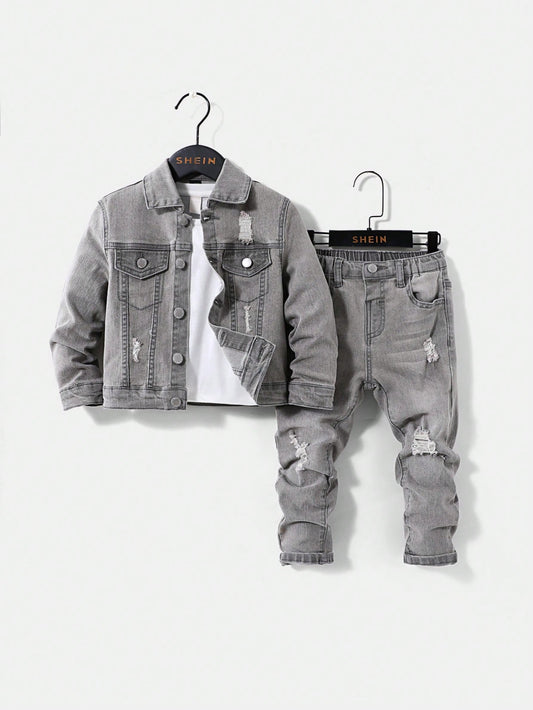 Young Boy 2pcs Gray Cut Out Ripped Frayed Loose Comfortable Denim Jacket And Boy Stretch Skinny Jeans For Dailywear And Back To School Clothes