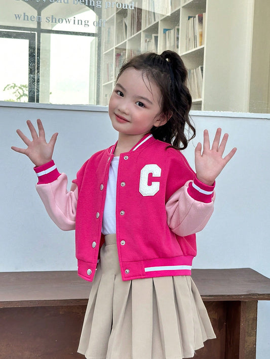 Young Girl Knitted Color-Blocking Varsity Jacket With Letter Patch And Short Length